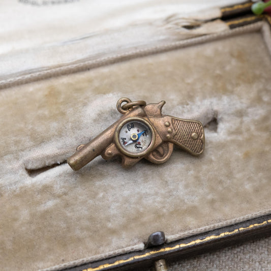 Antique Compass Revolver Charm Pendant c. 1910s - Novelty Miniature Working Instrument Jewellery Unusual Gift for Traveller