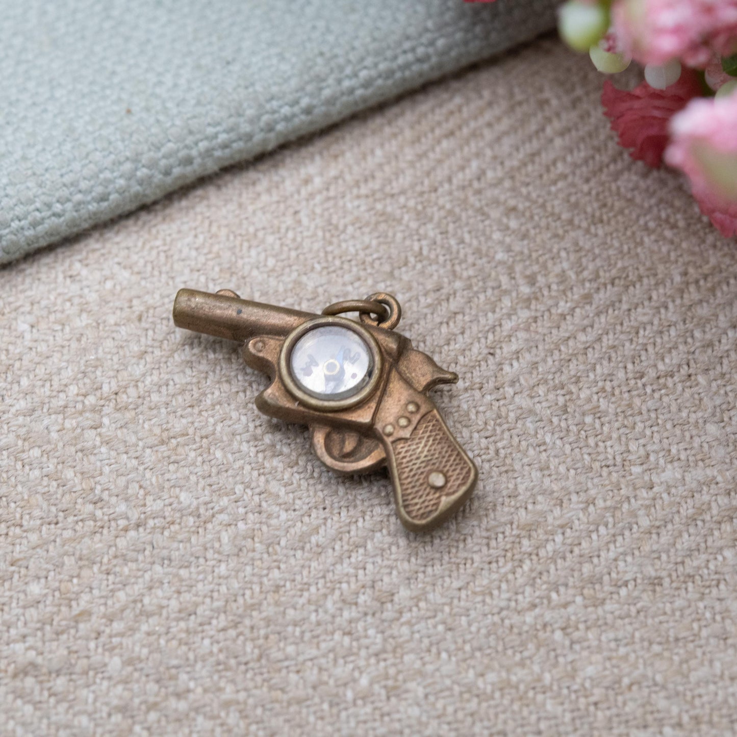 Antique Compass Revolver Charm Pendant c. 1910s - Novelty Miniature Working Instrument Jewellery Unusual Gift for Traveller