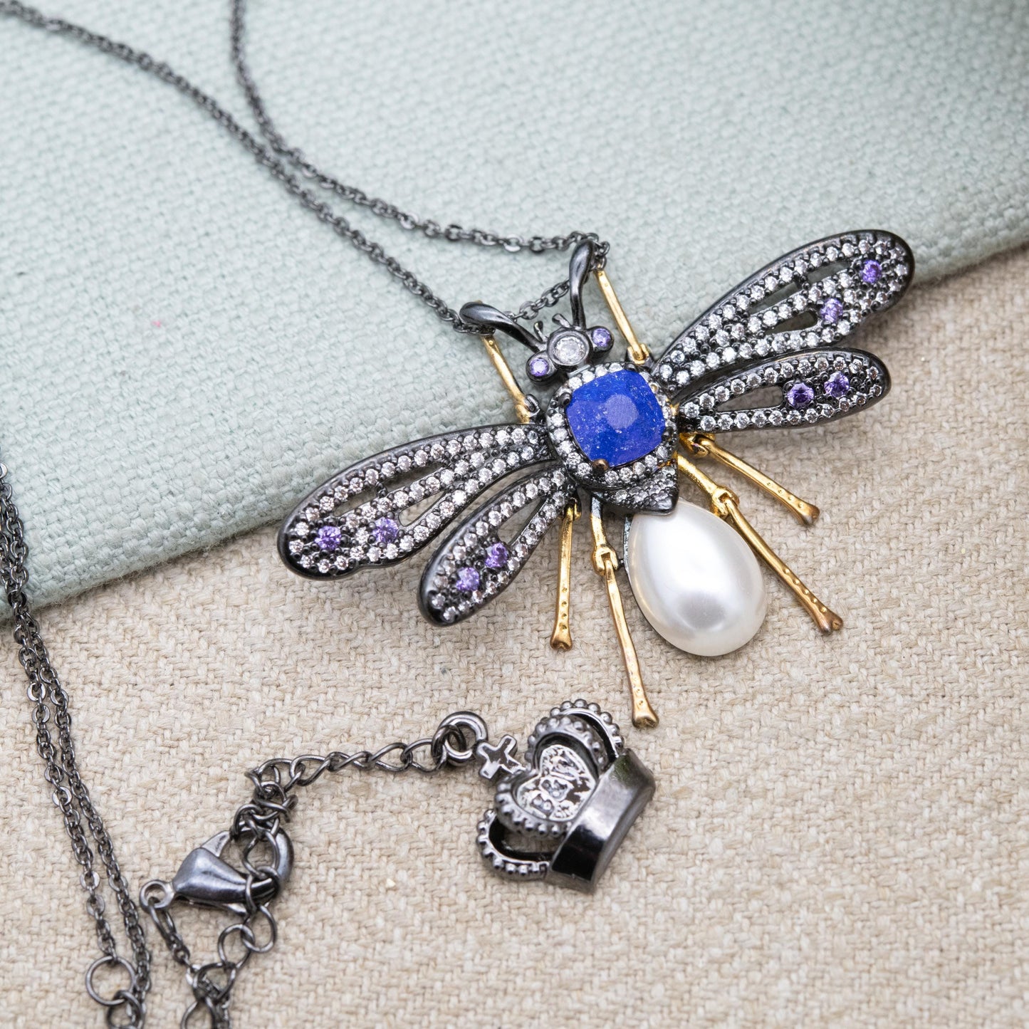 Butler and Wilson Articulated Bug Pendant Necklace with Faux Pearl B&W - Signed Designer Jewellery