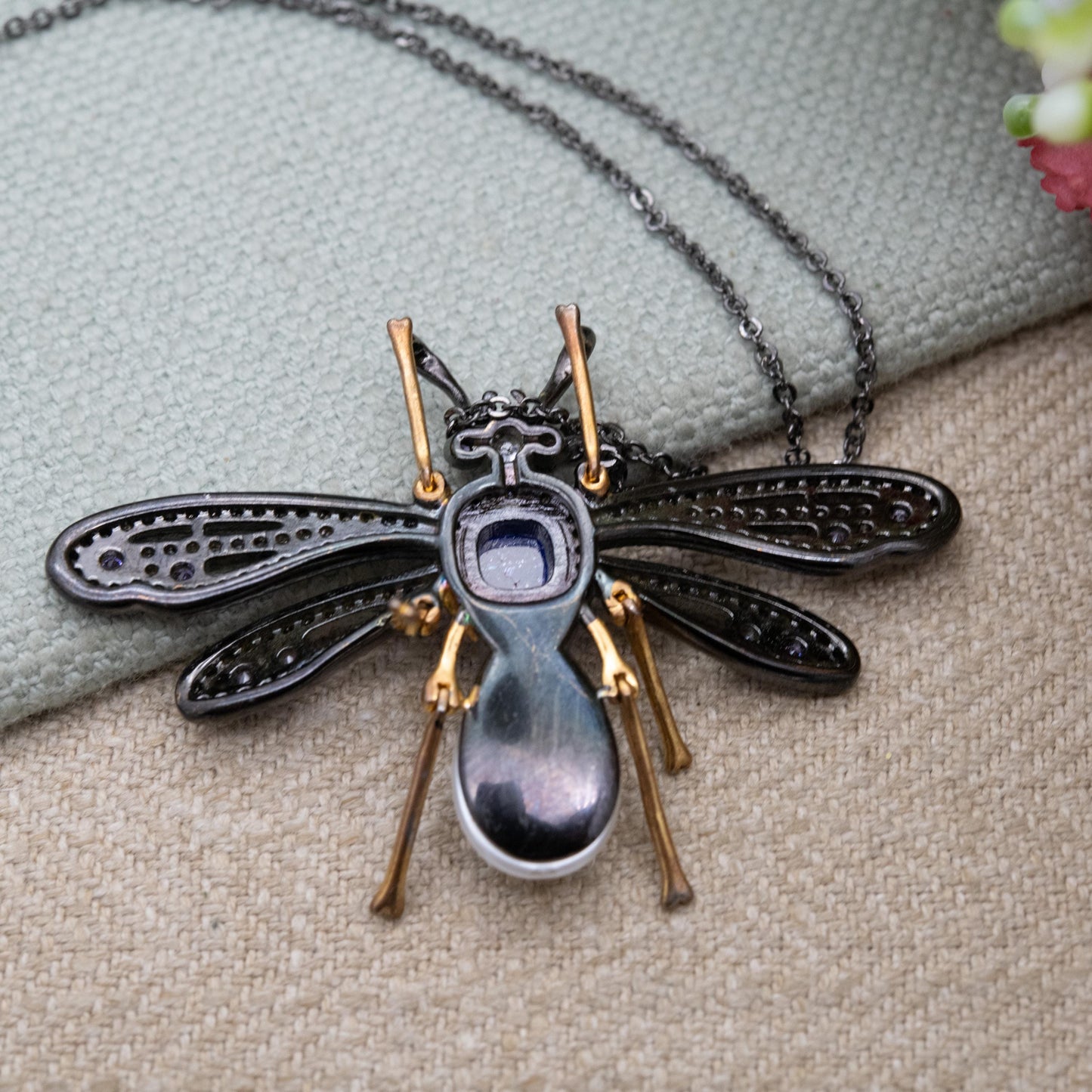 Butler and Wilson Articulated Bug Pendant Necklace with Faux Pearl B&W - Signed Designer Jewellery