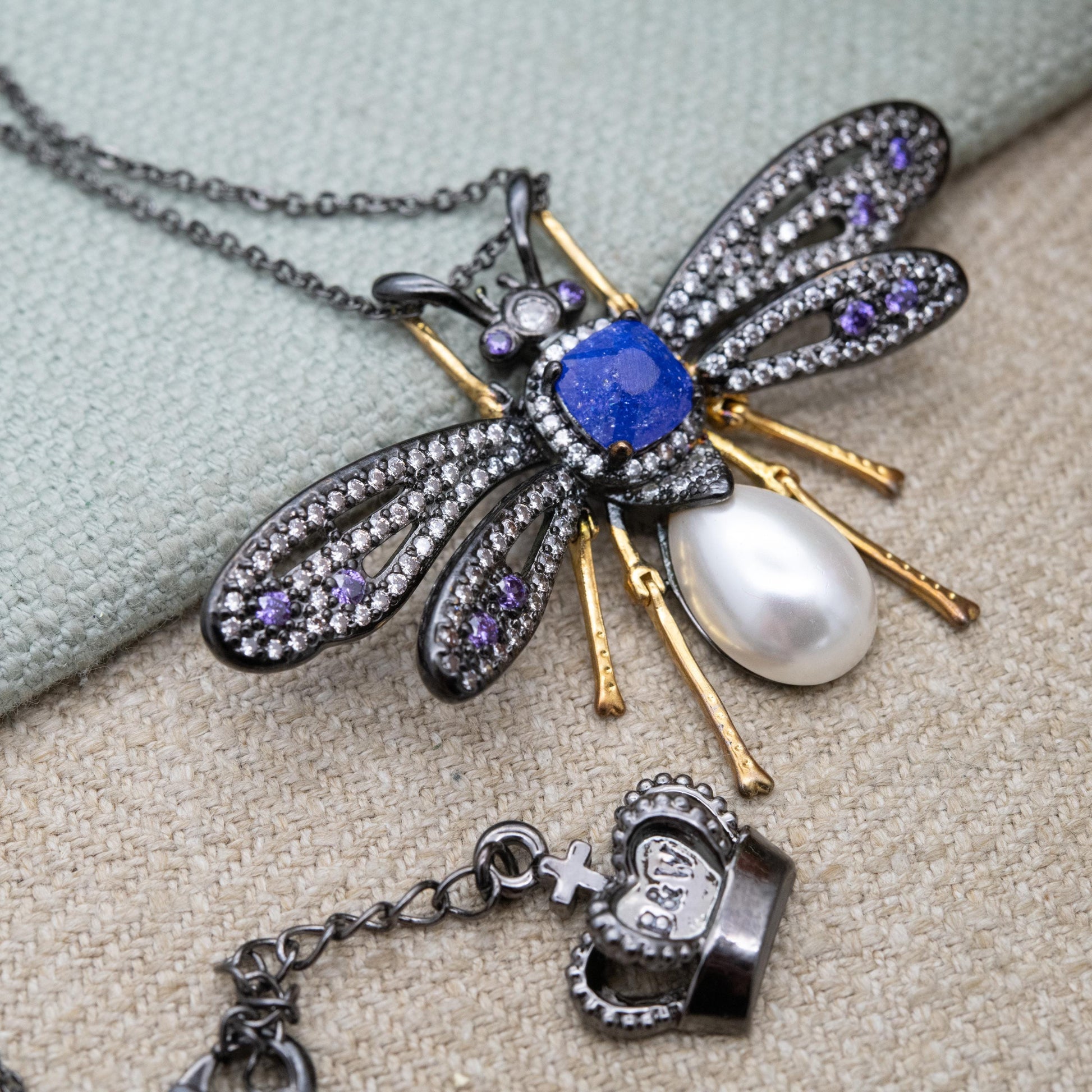 Butler and Wilson Articulated Bug Pendant Necklace with Faux Pearl B&W - Signed Designer Jewellery