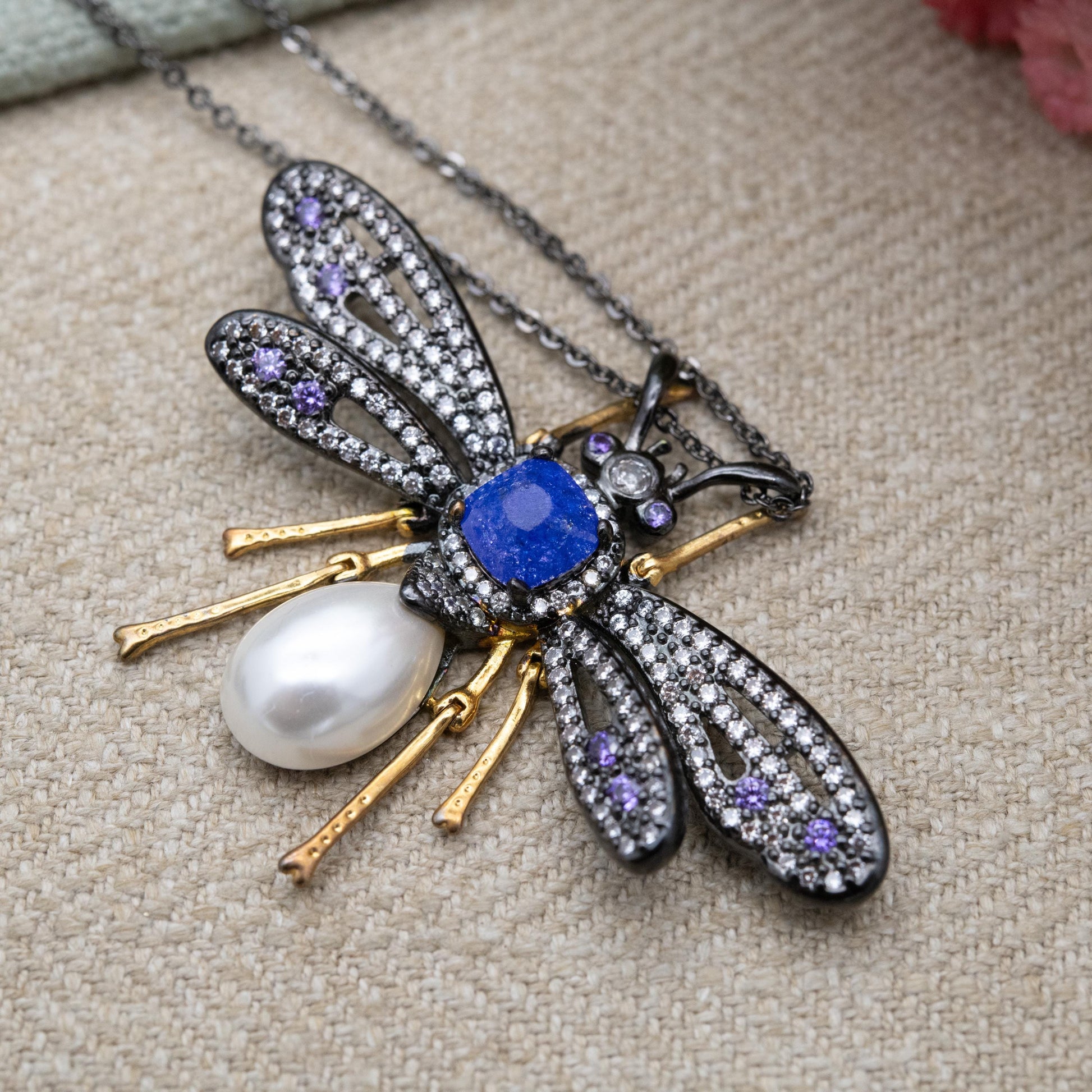 Butler and Wilson Articulated Bug Pendant Necklace with Faux Pearl B&W - Signed Designer Jewellery
