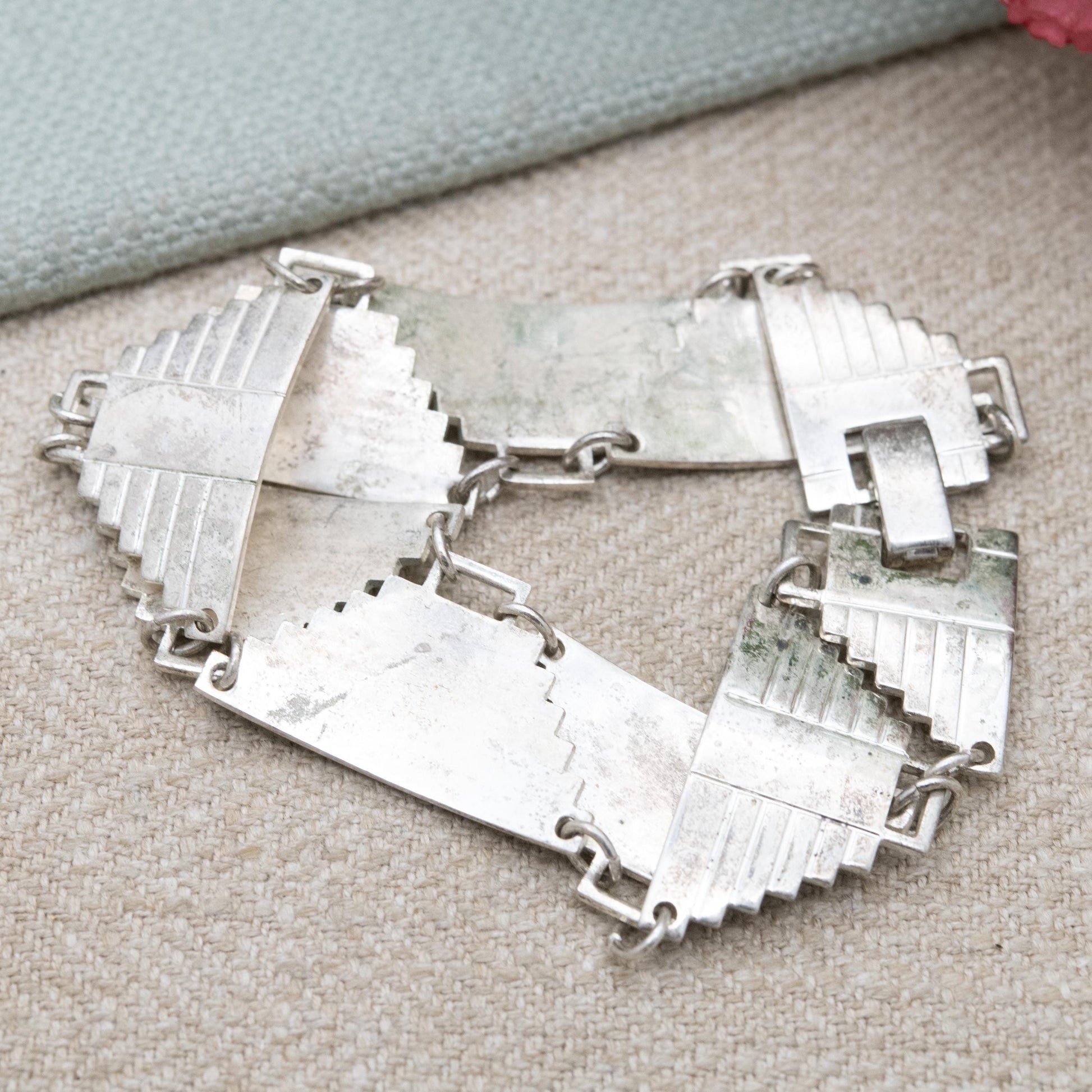 Vintage Mexican Sterling Silver Pyramid Panel Bracelet c. 1980s - Aztec Temple Design