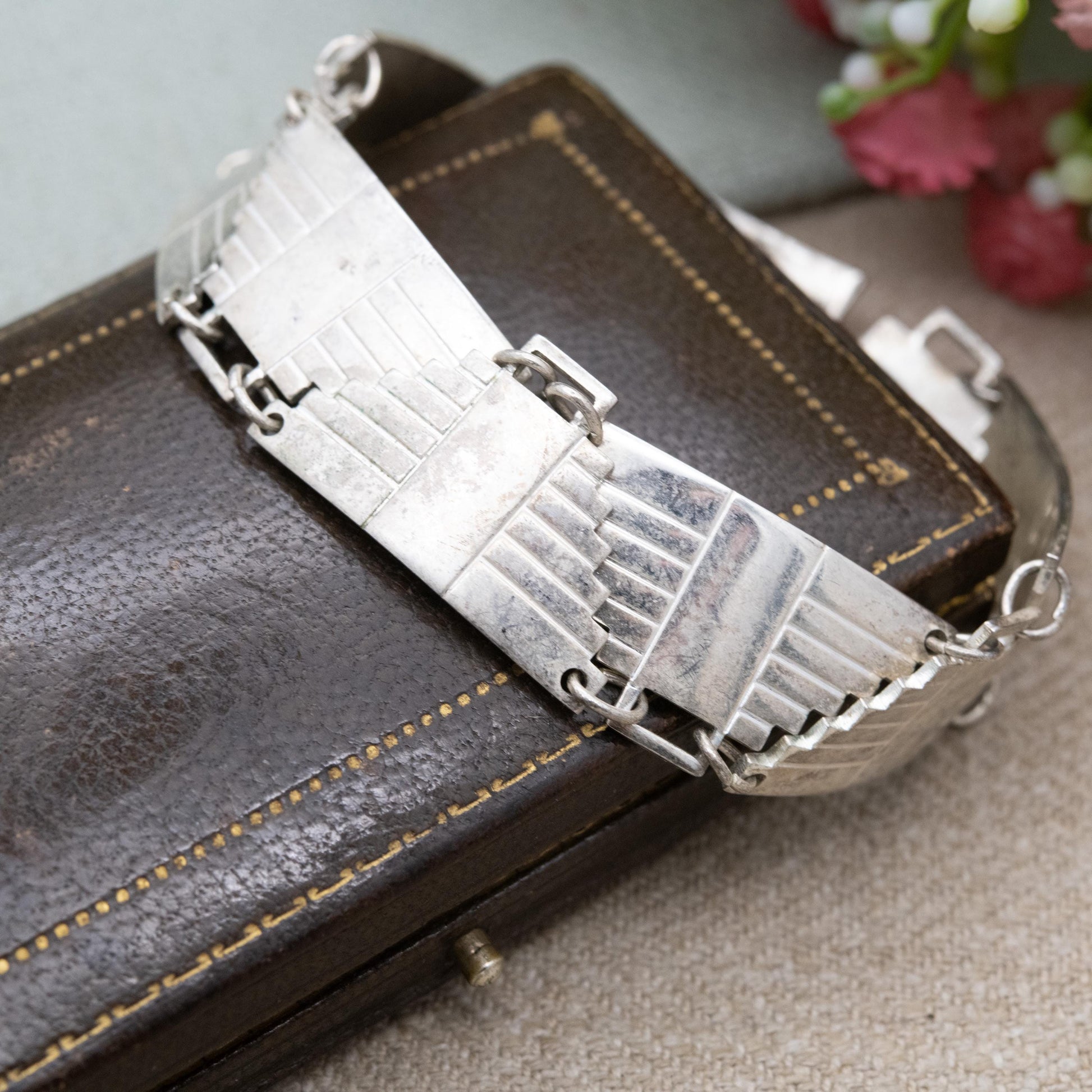 Vintage Mexican Sterling Silver Pyramid Panel Bracelet c. 1980s - Aztec Temple Design