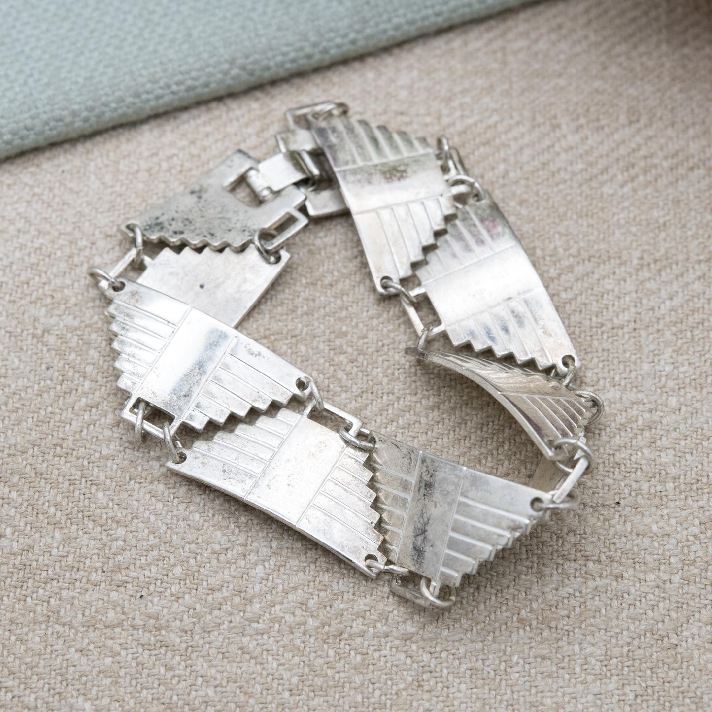 Vintage Mexican Sterling Silver Pyramid Panel Bracelet c. 1980s - Aztec Temple Design