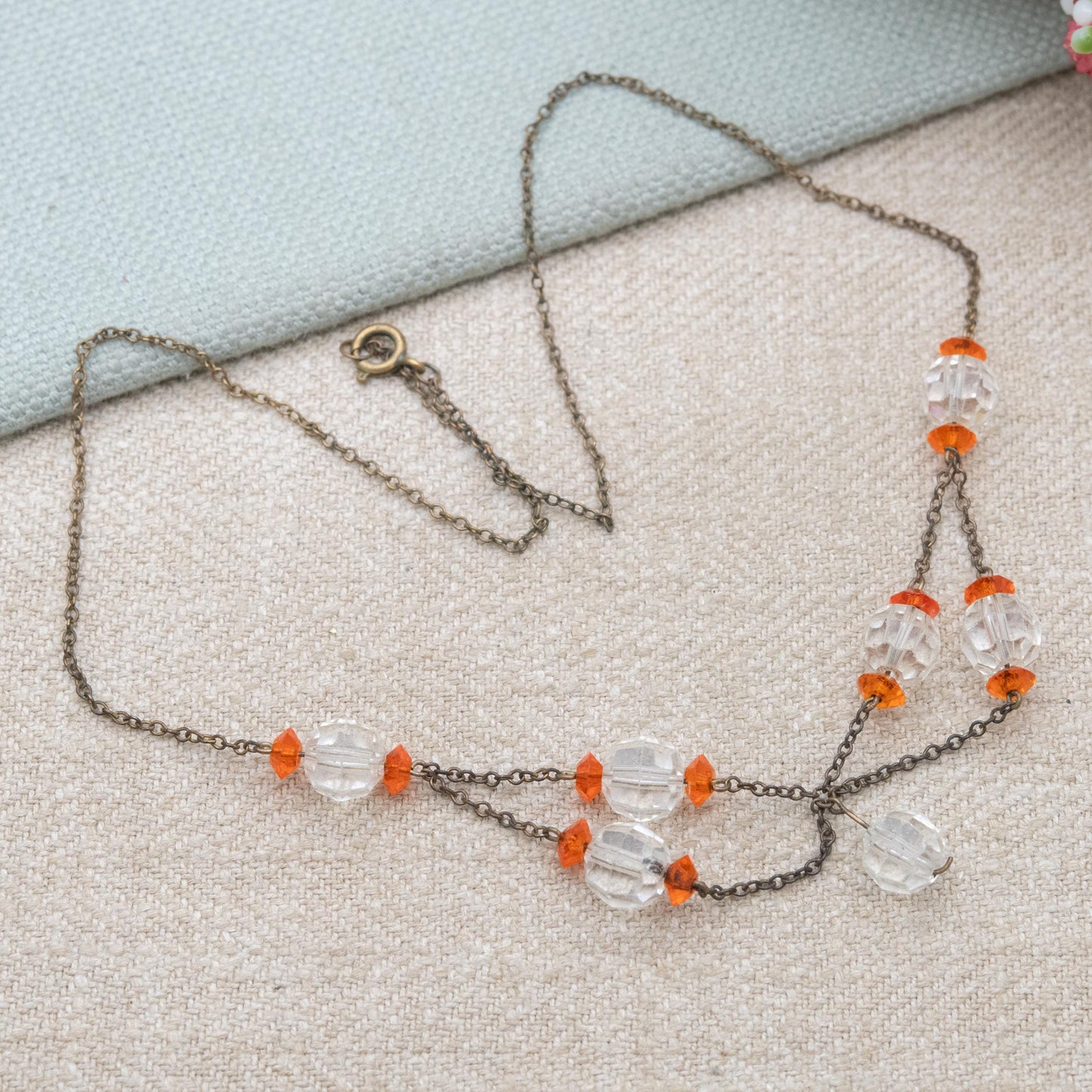 Antique Glass Bead Necklace with Faceted Clear and Orange Stones c. 1910s to 1930s