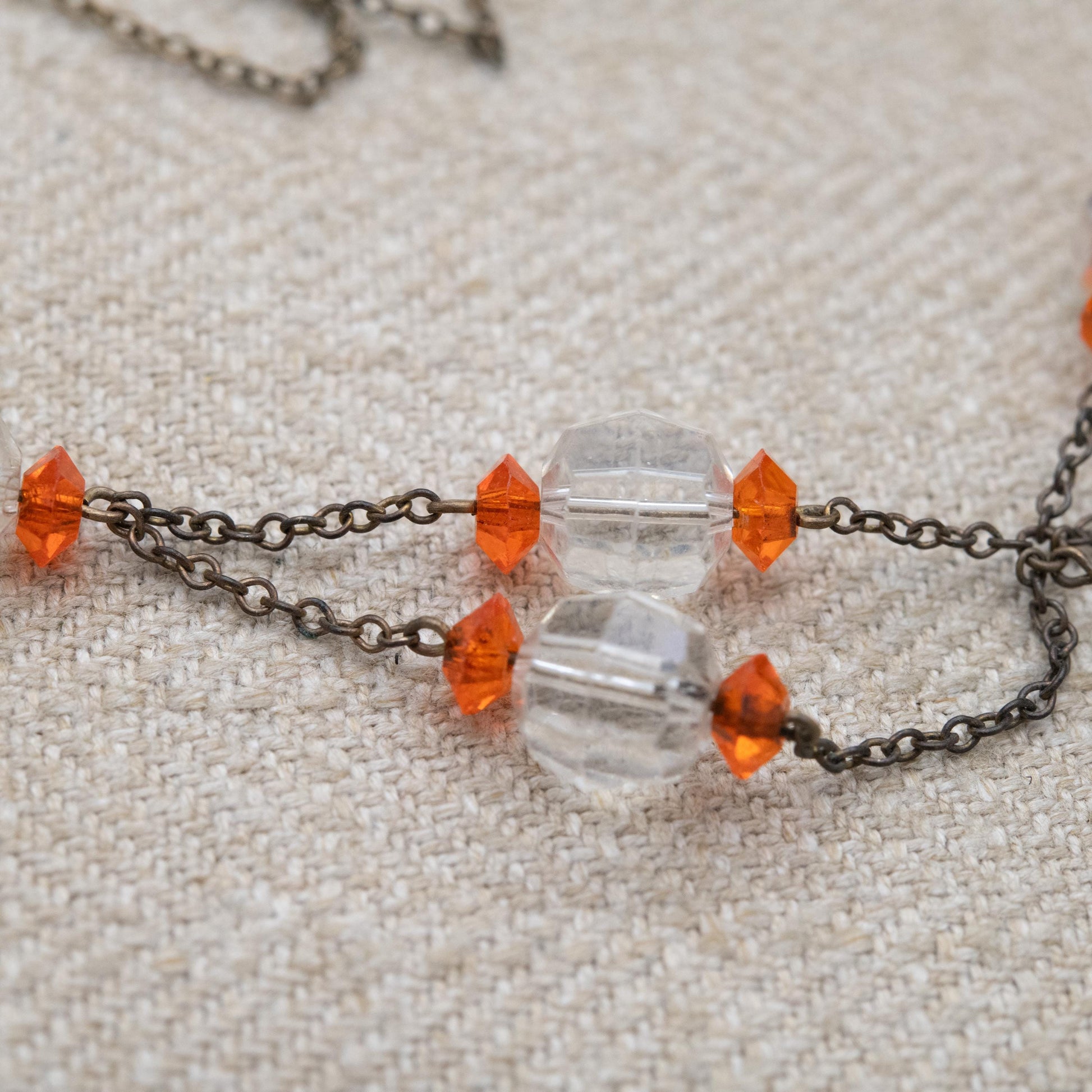 Antique Glass Bead Necklace with Faceted Clear and Orange Stones c. 1910s to 1930s