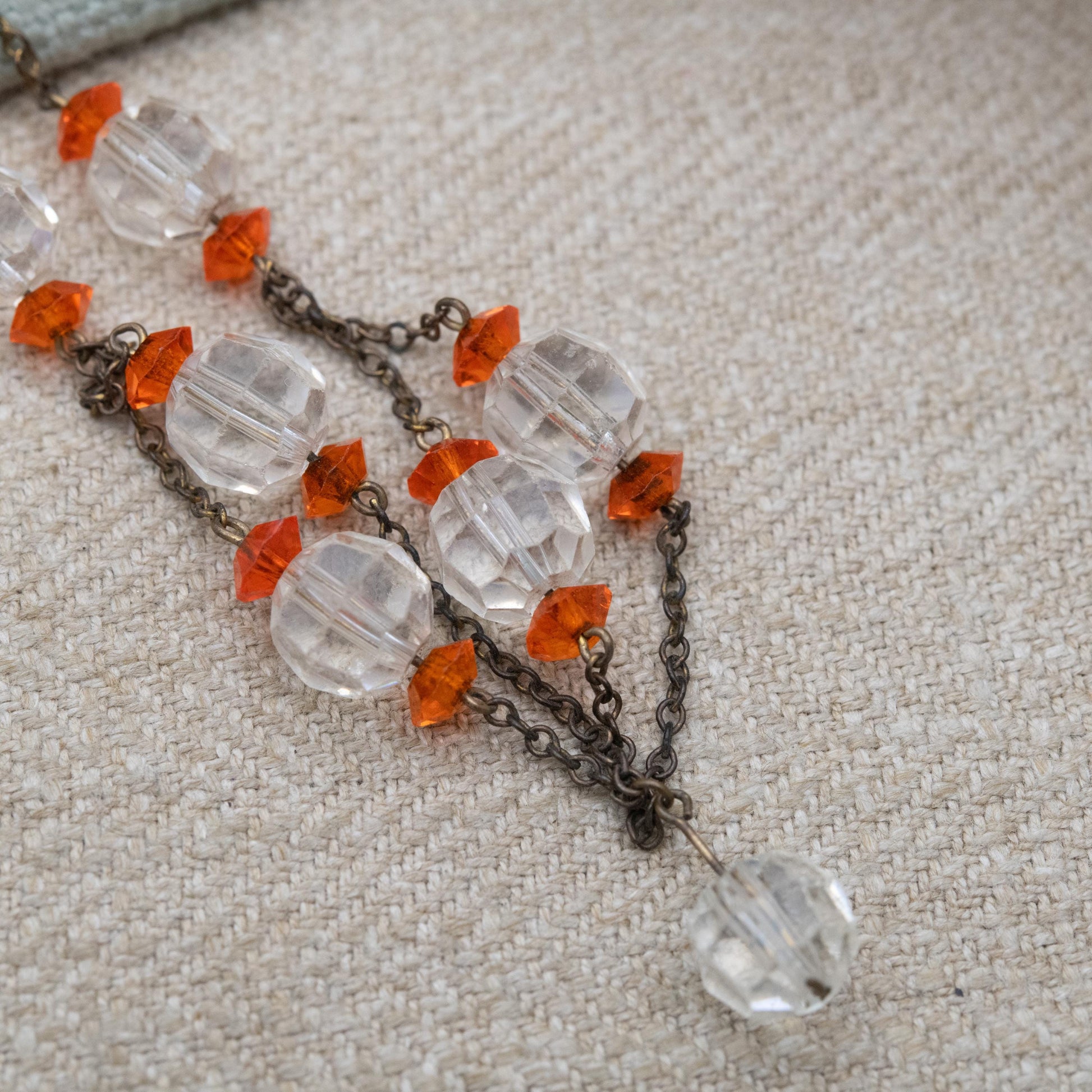 Antique Glass Bead Necklace with Faceted Clear and Orange Stones c. 1910s to 1930s