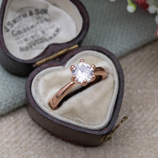 Rose Gold Plated Sterling Silver Solitaire Ring - Prong Set Sparkly Clear Stone | UK Size - J 1/2 | US Size - 5 1/4