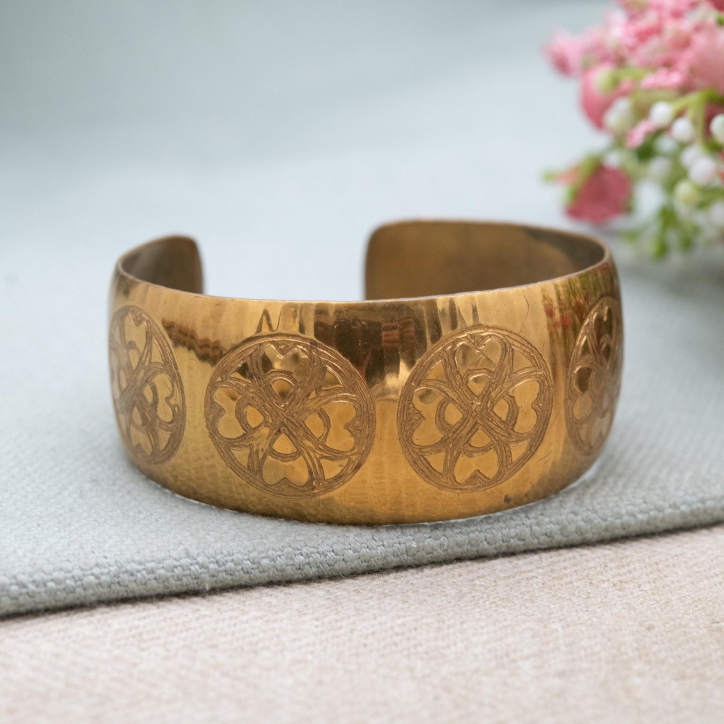 Vintage Moda Cuff Bangle with Engraved Four Leaf Clover Design - Handmade in Malta