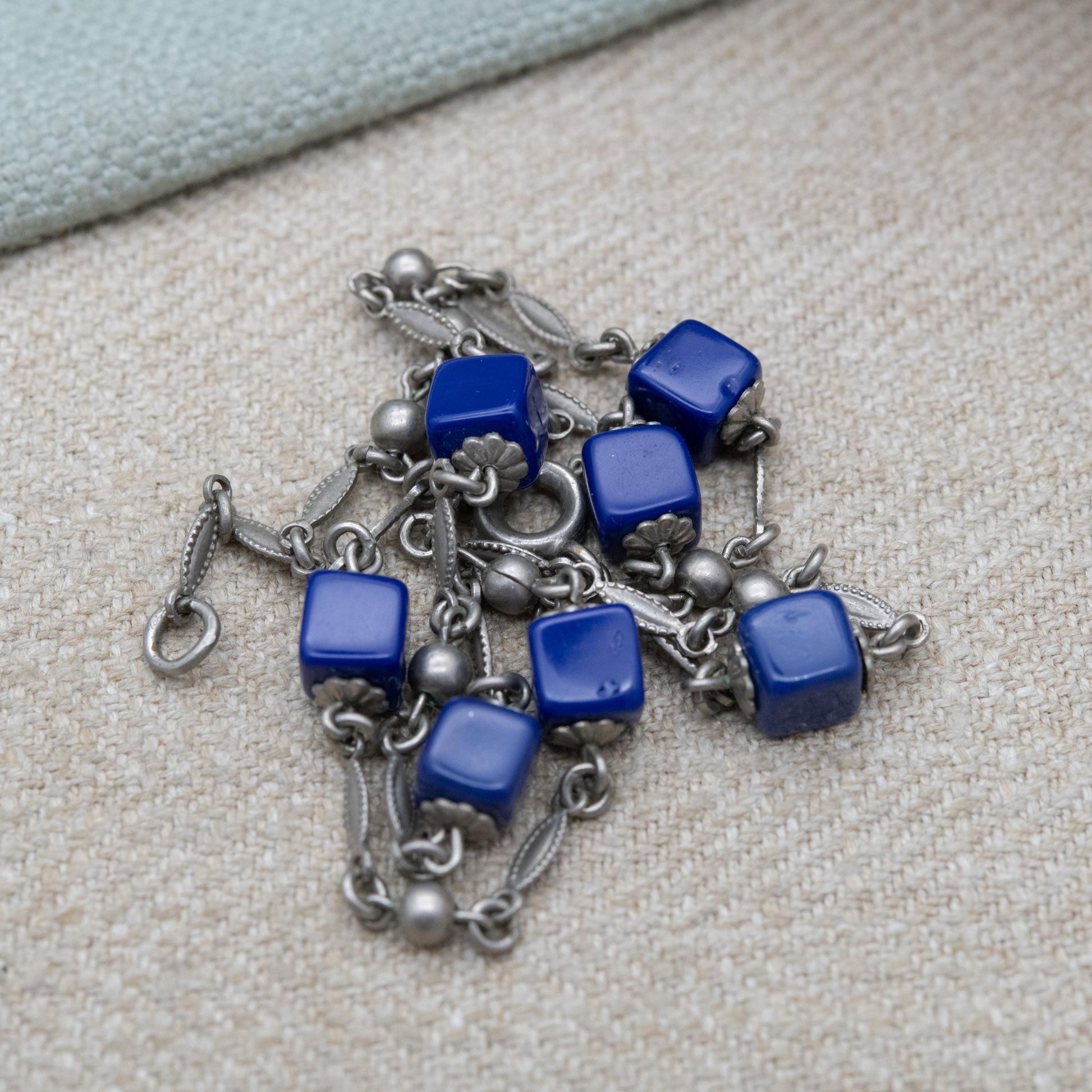 Vintage Art Deco Czech Blue Glass Necklace with Cube Beads c. 1930s - Choker Length 16"