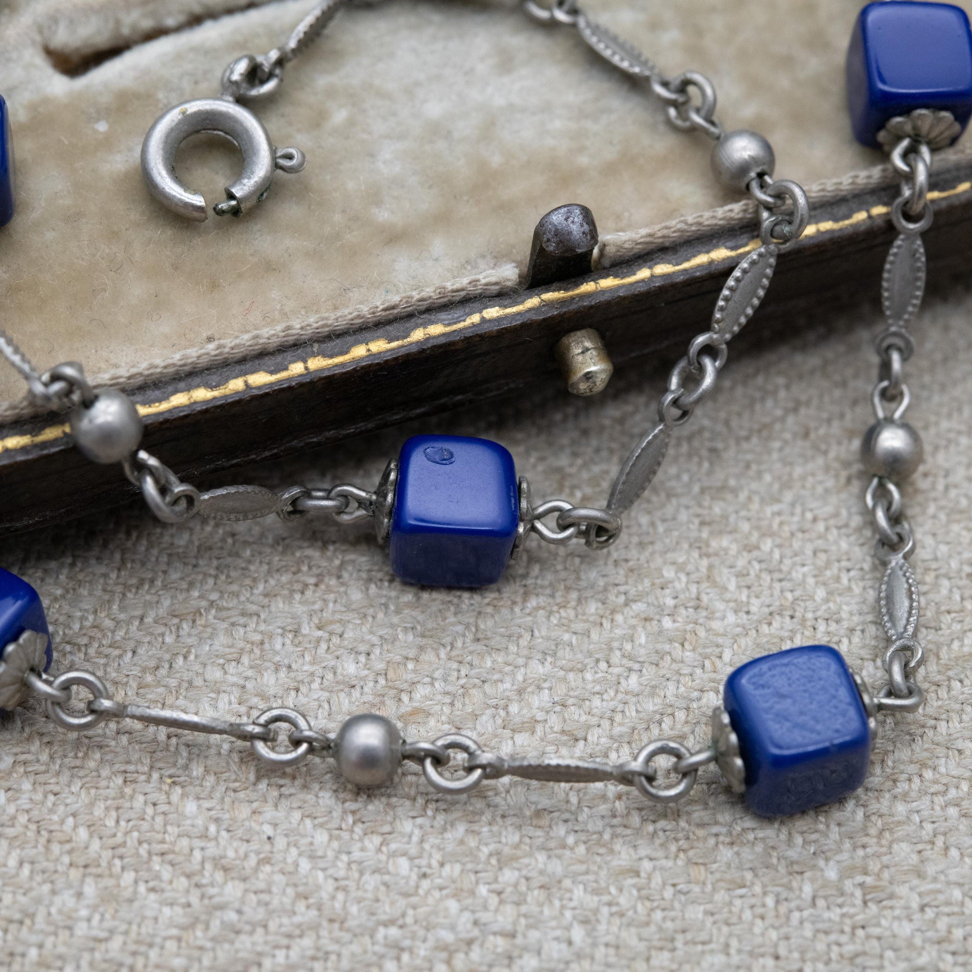 Vintage Art Deco Czech Blue Glass Necklace with Cube Beads c. 1930s - Choker Length 16"
