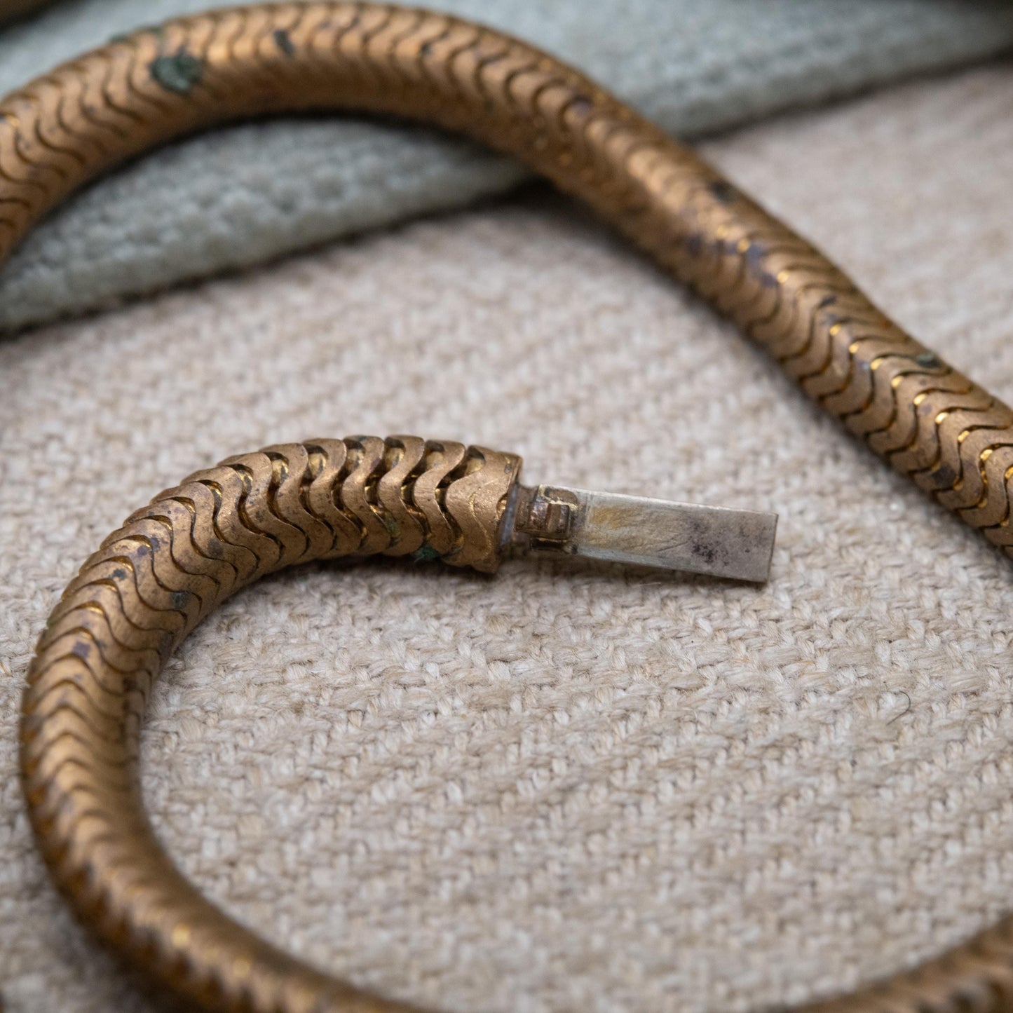 Antique Brass Snake Chain Necklace c. 1900 Victorian - Choker Length 15"