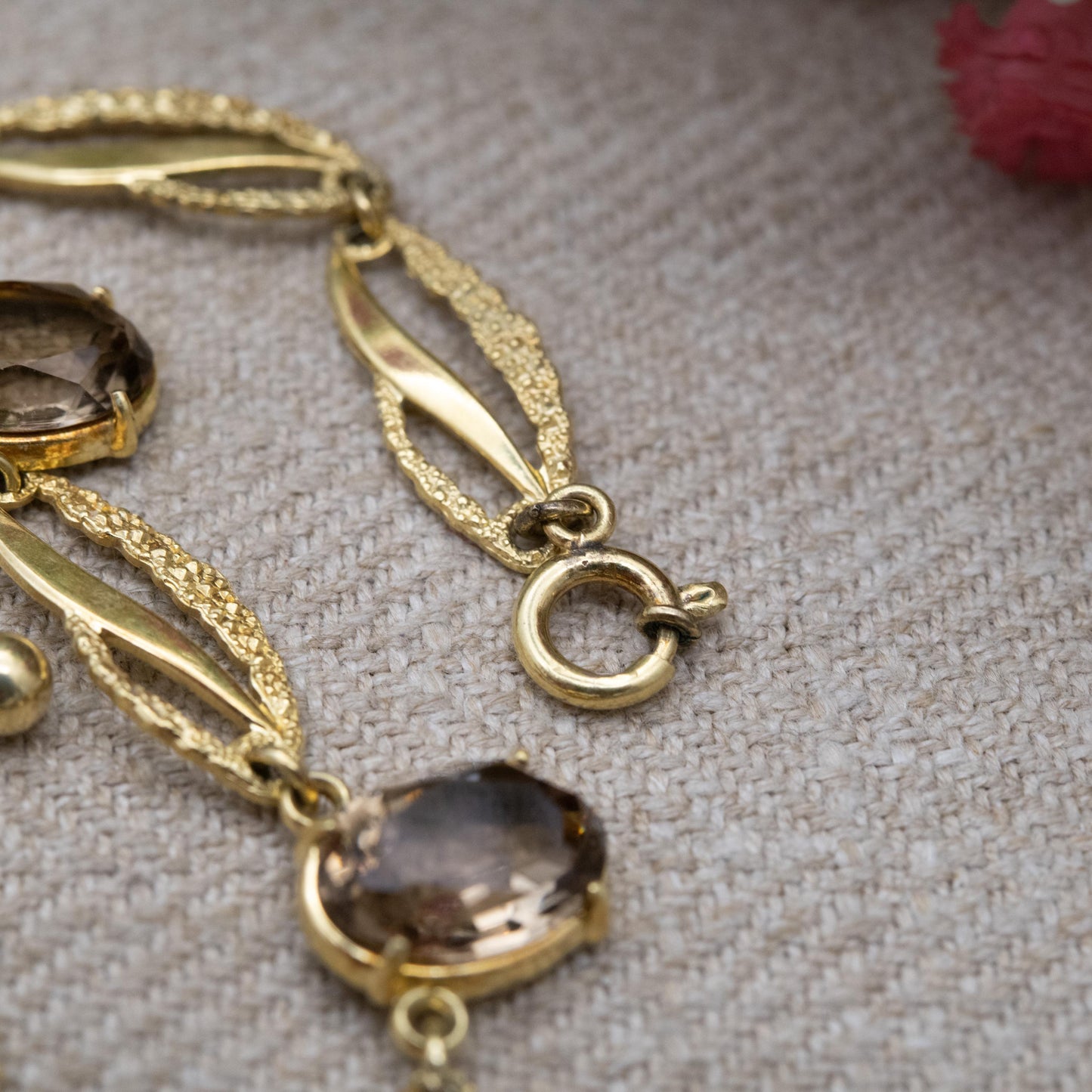 Vintage Kordes and Lichtenfels 14ct Rolled Gold Smoky Quartz Necklace - Mid-Century Textured Costume Jewellery German Designers K&L