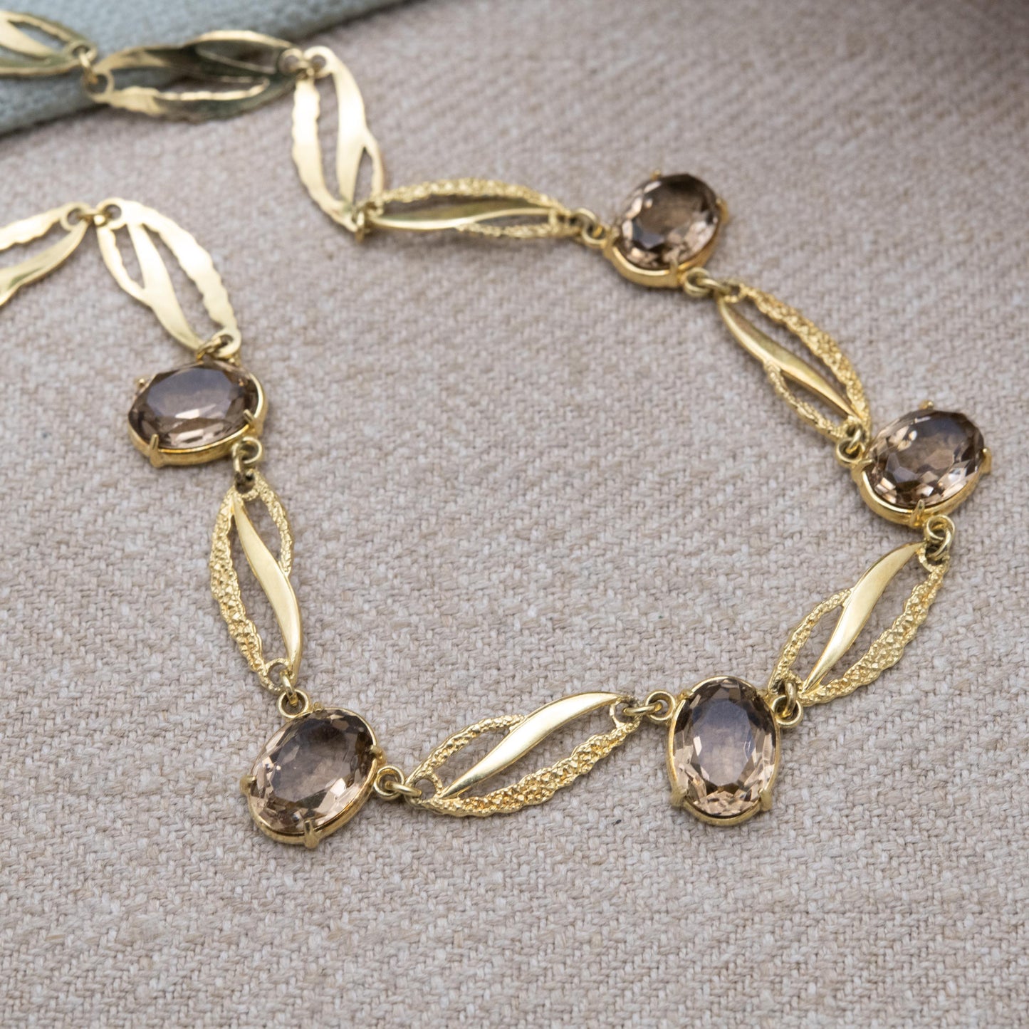 Vintage Kordes and Lichtenfels 14ct Rolled Gold Smoky Quartz Necklace - Mid-Century Textured Costume Jewellery German Designers K&L