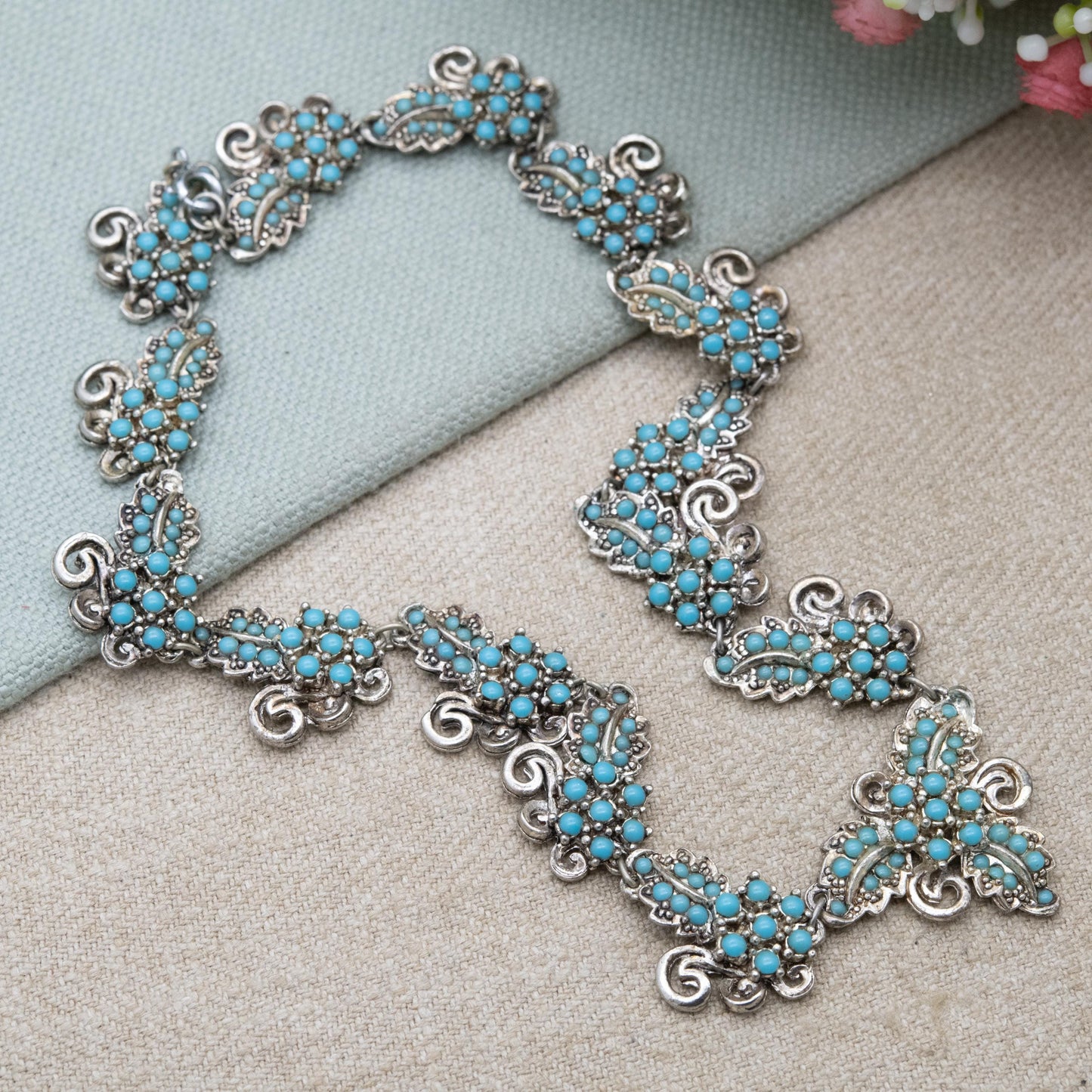 Vintage Faux Turquoise Choker Necklace c. 1950s - Silver Tone Blue Stones | 15"