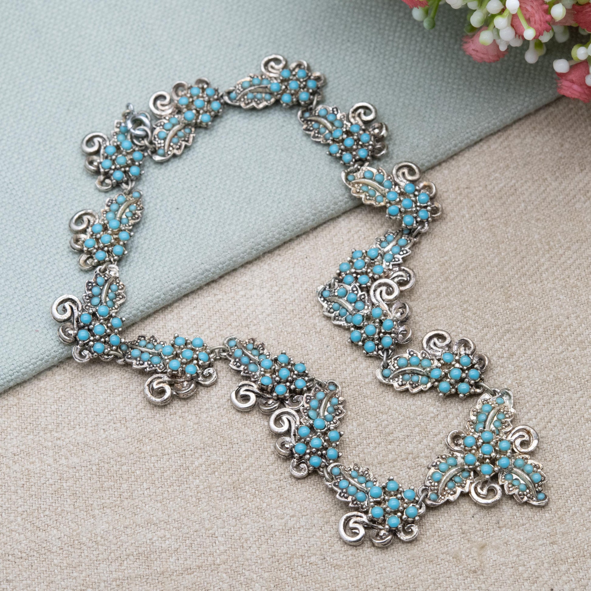 Vintage Faux Turquoise Choker Necklace c. 1950s - Silver Tone Blue Stones | 15"