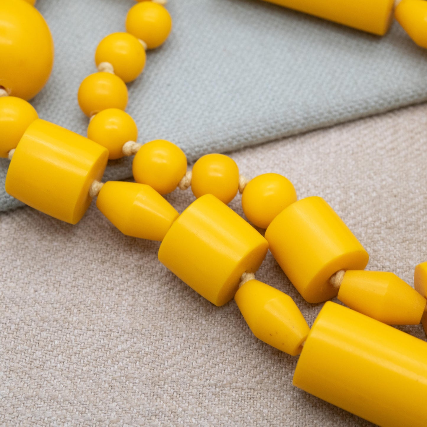 Vintage Yellow Lucite Bead Necklace c. 1960s - Long Egg Yolk Yellow Cylinder and Sphere Beads
