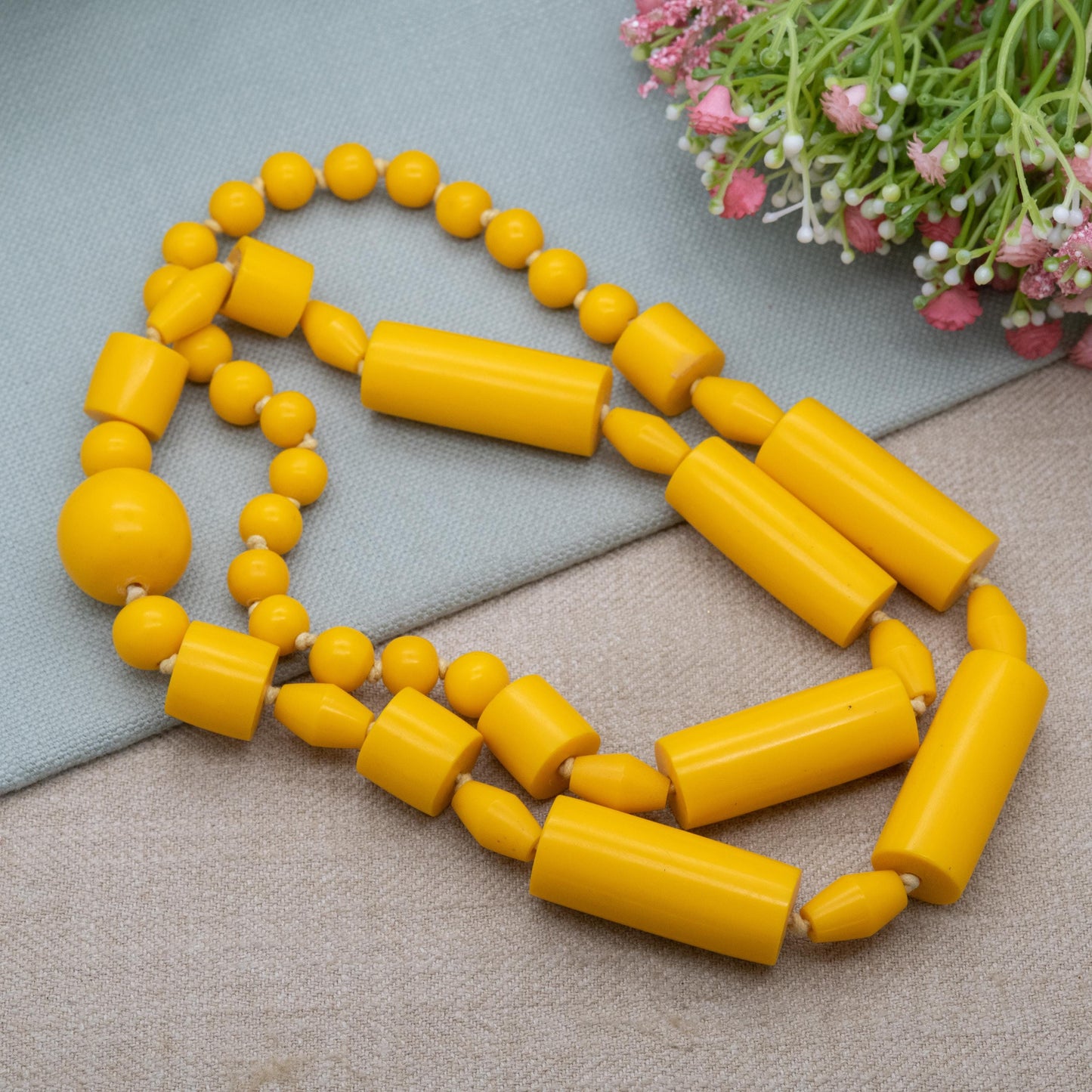Vintage Yellow Lucite Bead Necklace c. 1960s - Long Egg Yolk Yellow Cylinder and Sphere Beads
