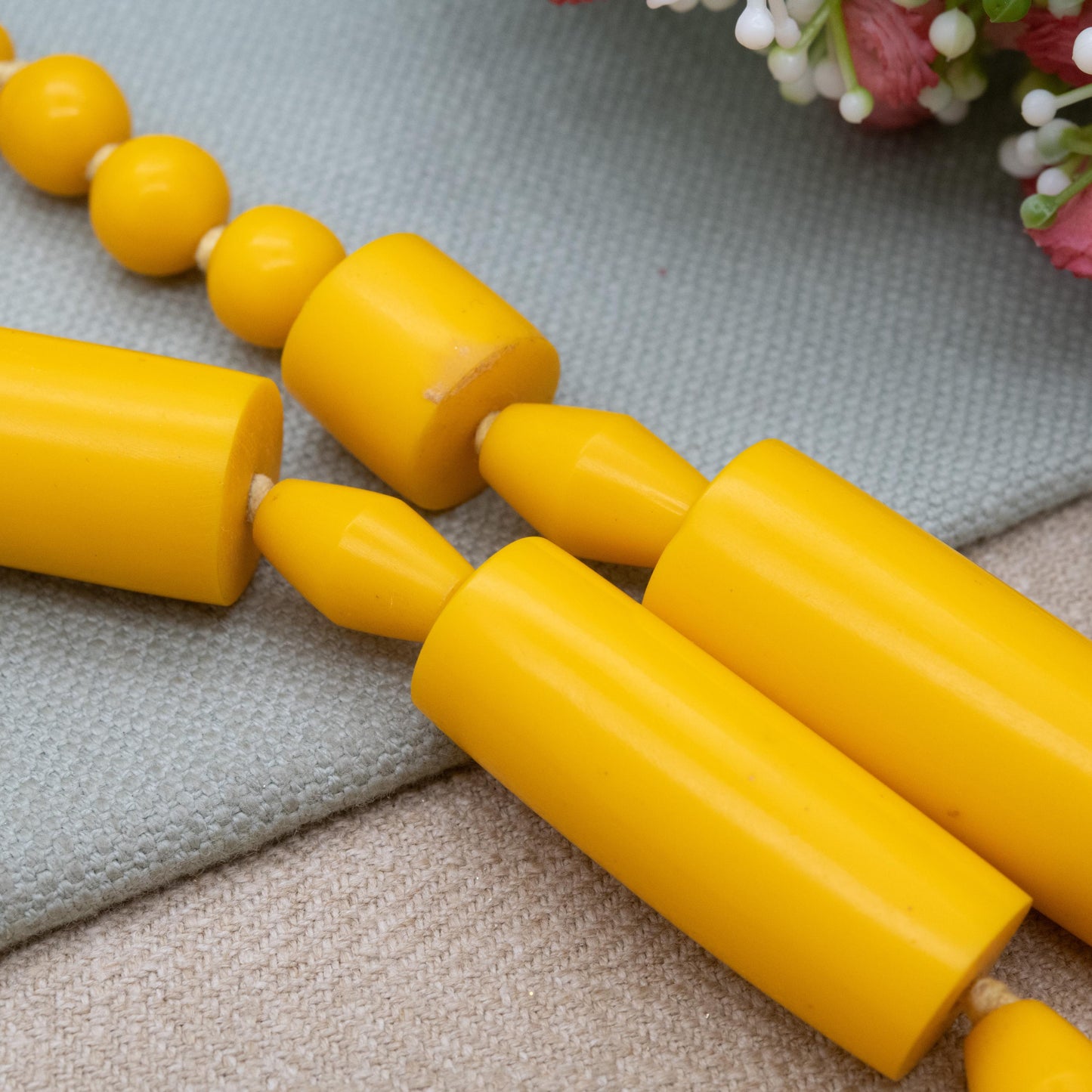Vintage Yellow Lucite Bead Necklace c. 1960s - Long Egg Yolk Yellow Cylinder and Sphere Beads
