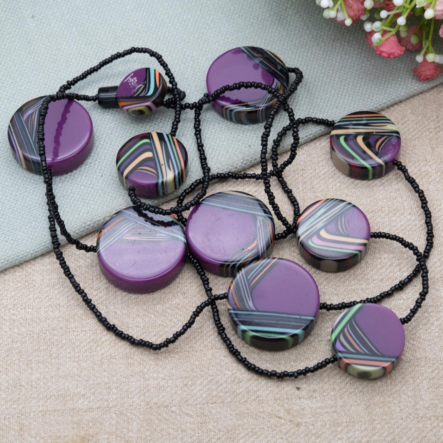 Sobral Purple Resin Swirl Necklace 48" - Signed Contemporary Designer