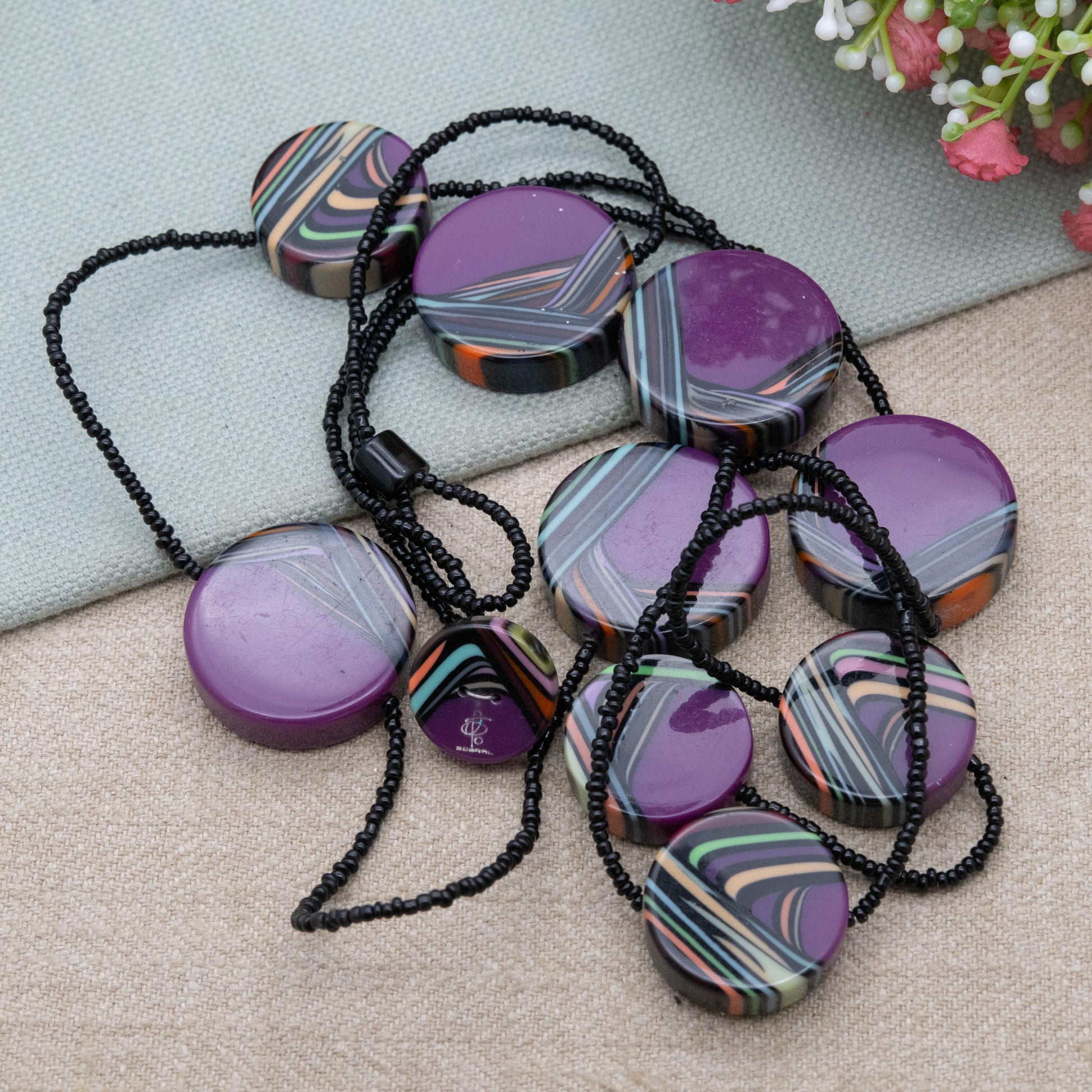 Sobral Purple Resin Swirl Necklace 48" - Signed Contemporary Designer