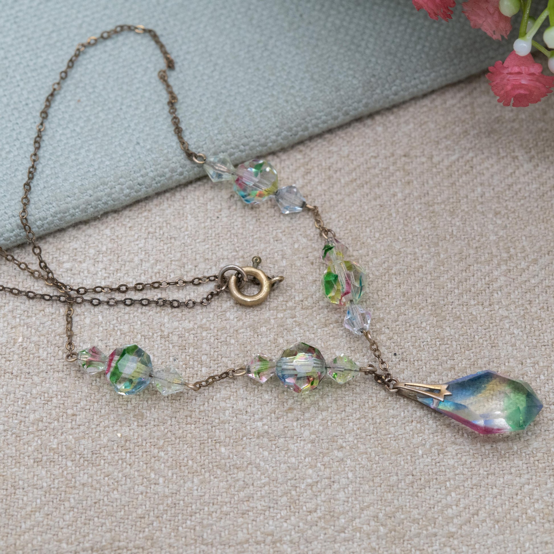 Antique Iris Glass Necklace c. 1910s - Art Deco Czech Rainbow Glass