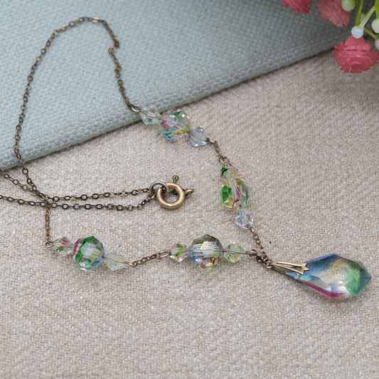 Antique Iris Glass Necklace c. 1910s - Art Deco Czech Rainbow Glass