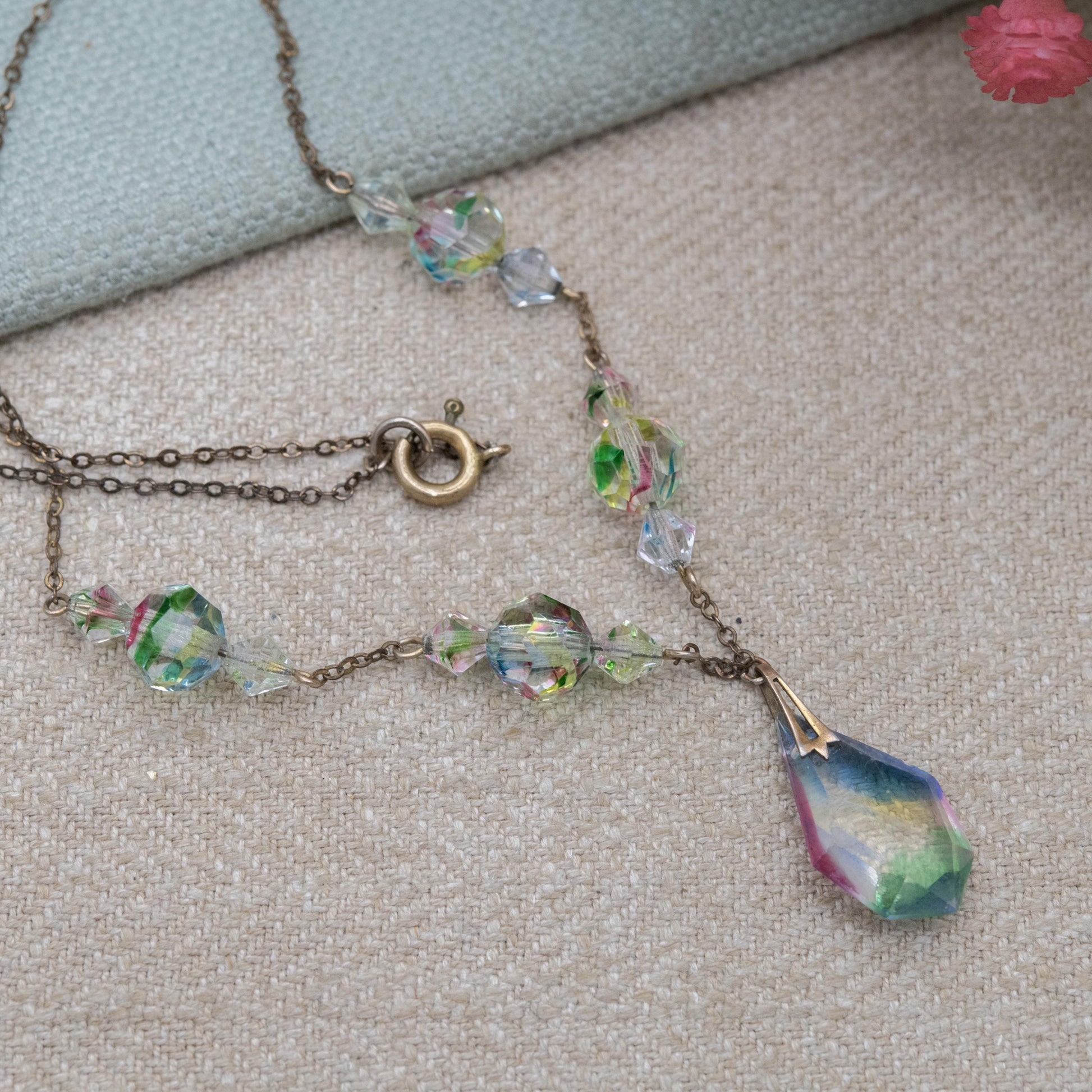 Antique Iris Glass Necklace c. 1910s - Art Deco Czech Rainbow Glass