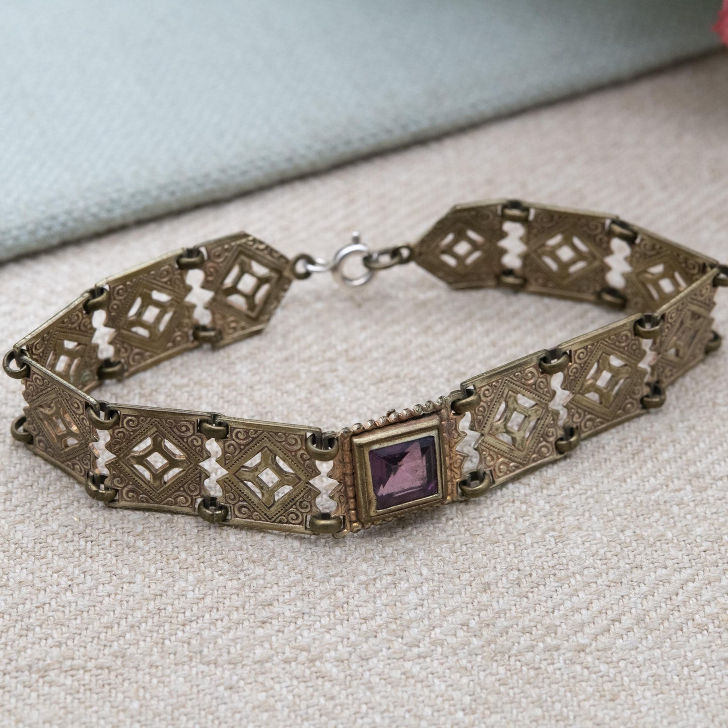 Antique Purple Paste Panel Bracelet with Cut Out Design c. 1900