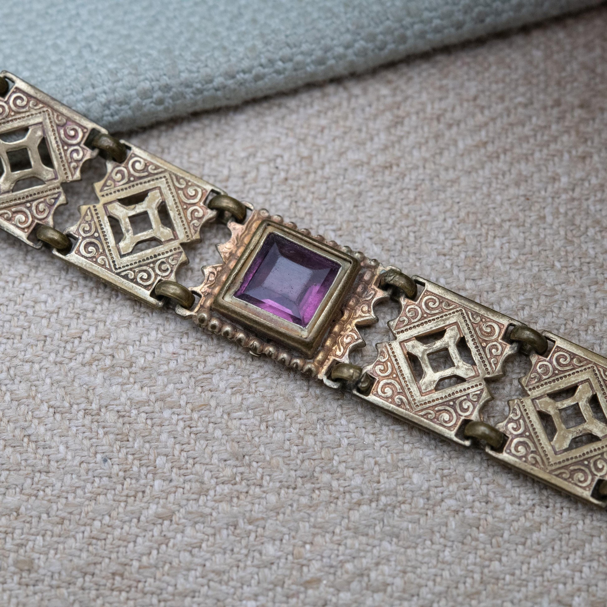 Antique Purple Paste Panel Bracelet with Cut Out Design c. 1900