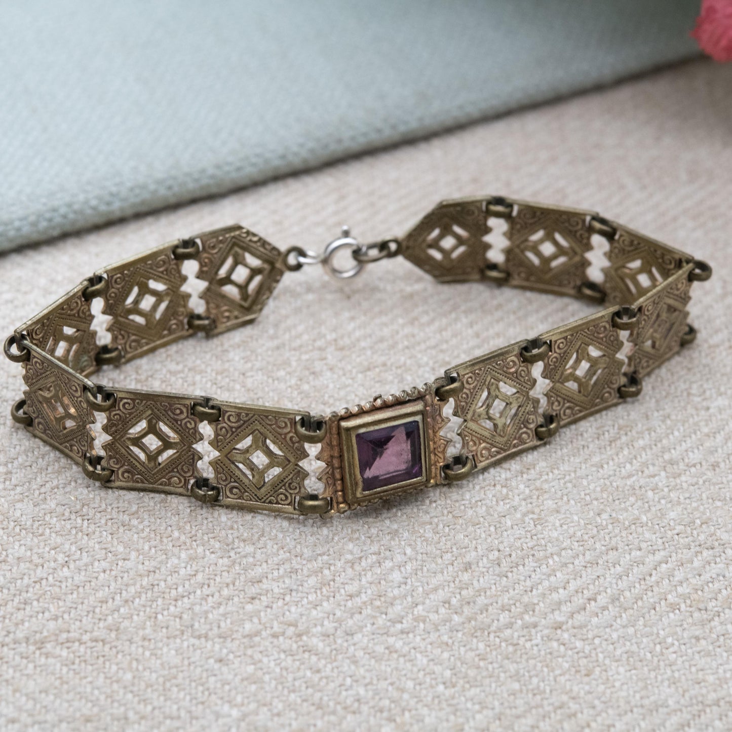 Antique Purple Paste Panel Bracelet with Cut Out Design c. 1900