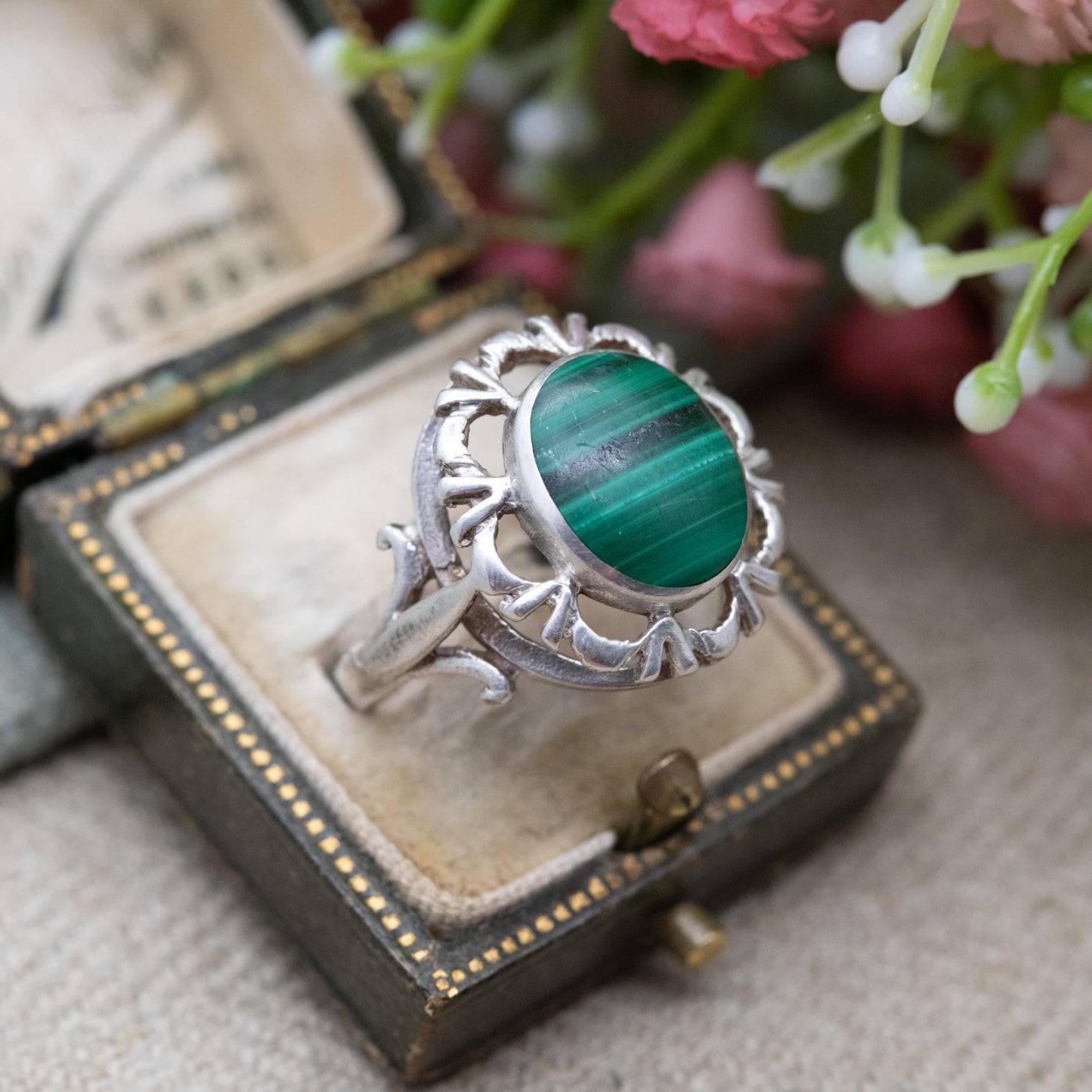 Vintage Sterling Silver Chunky Malachite Statement Ring - UK Size - P | US Size - 7 1/2