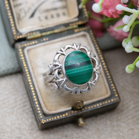 Vintage Sterling Silver Chunky Malachite Statement Ring - UK Size - P | US Size - 7 1/2