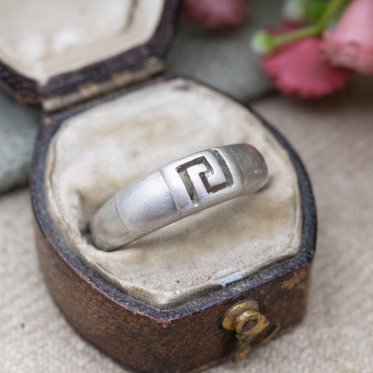 Vintage Sterling Silver Greek Key Band Ring - Meander Design Minimal Unisex Silver | UK Size - L 1/2 | US Size - 6