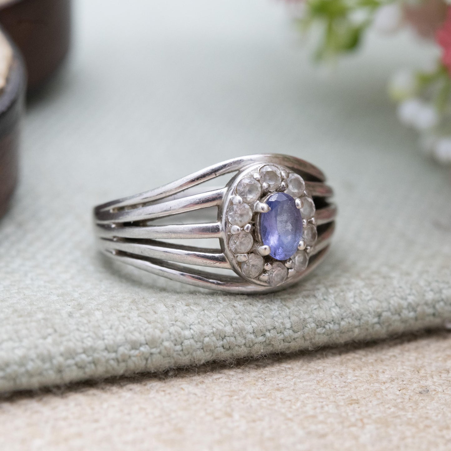 Vintage Sterling Silver Tanzanite Halo Ring - Chunky Cocktail Ring | UK Size - O 1/2 US Size - 8 1/2