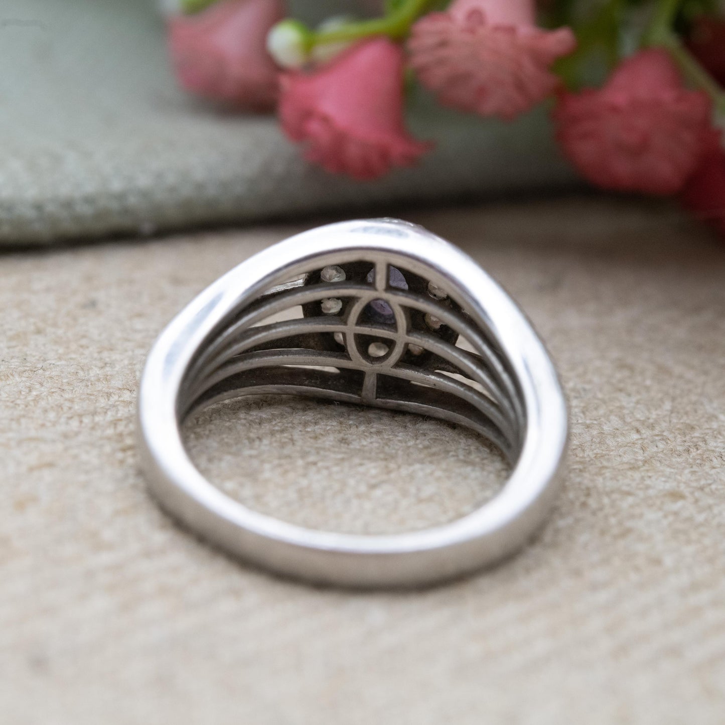 Vintage Sterling Silver Tanzanite Halo Ring - Chunky Cocktail Ring | UK Size - O 1/2 US Size - 8 1/2