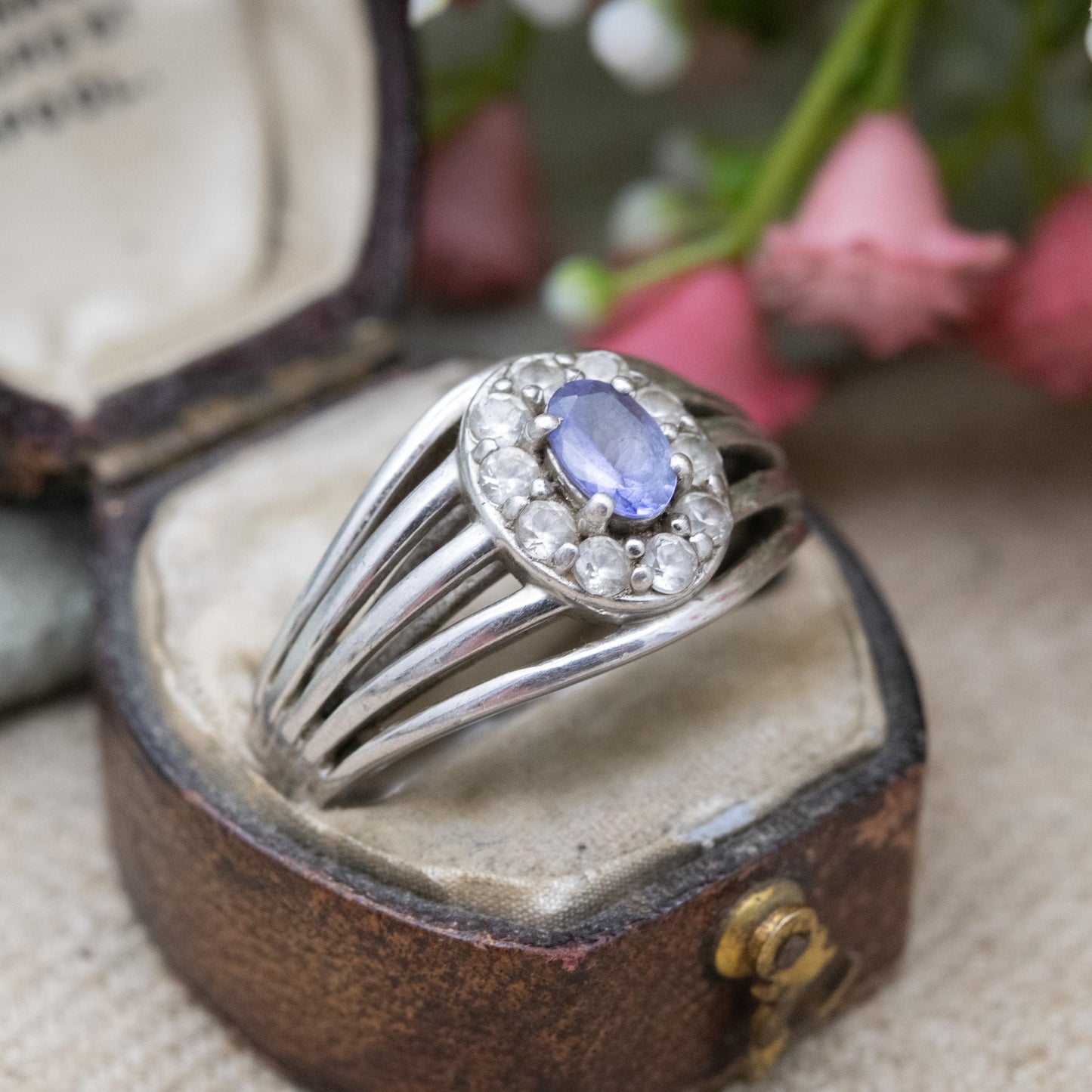 Vintage Sterling Silver Tanzanite Halo Ring - Chunky Cocktail Ring | UK Size - O 1/2 US Size - 8 1/2