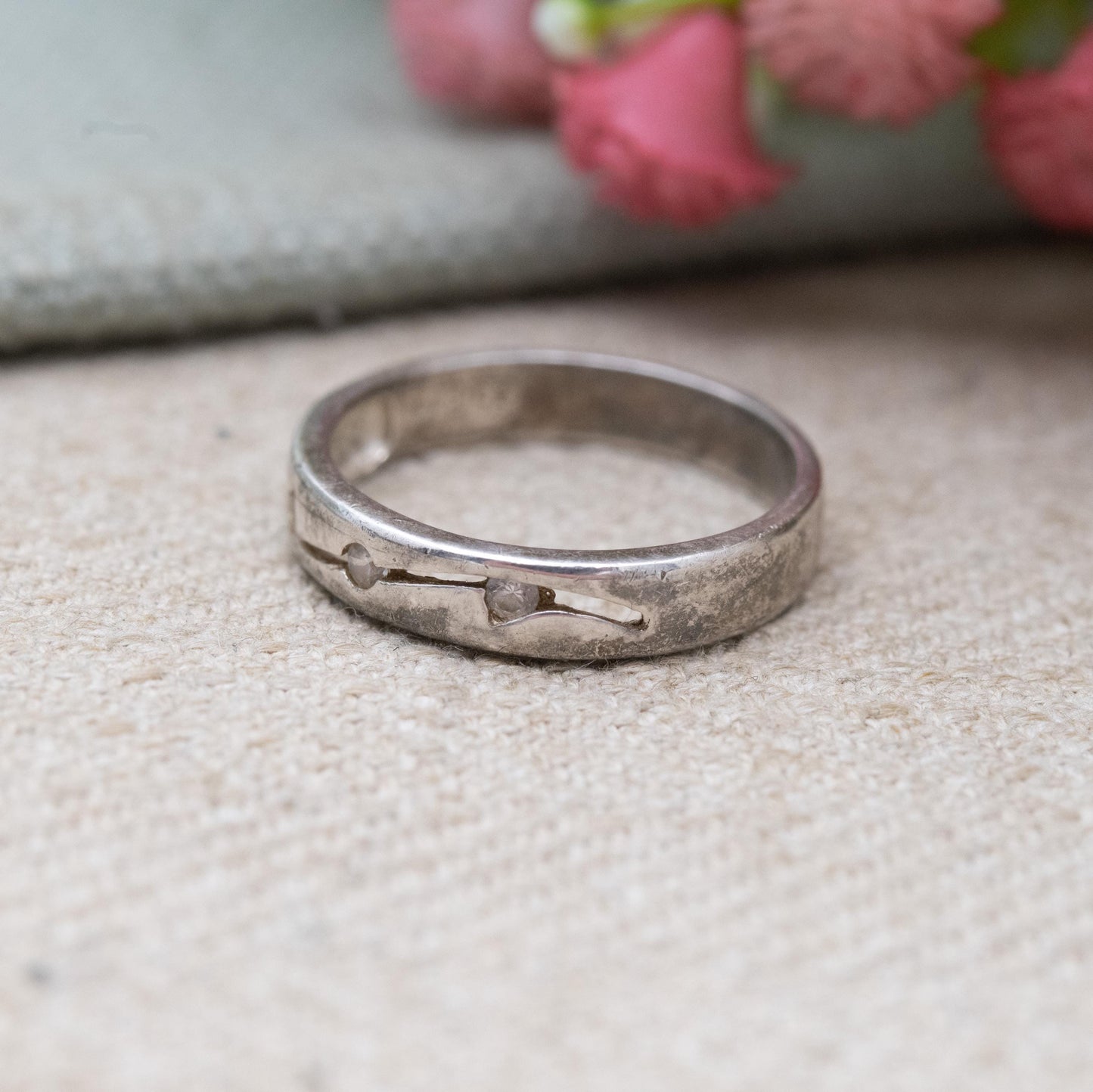 Vintage Sterling Silver Flush CZ Band Ring - Minimalist Stacking Ring | UK Size - P 1/2 | US Size - 8