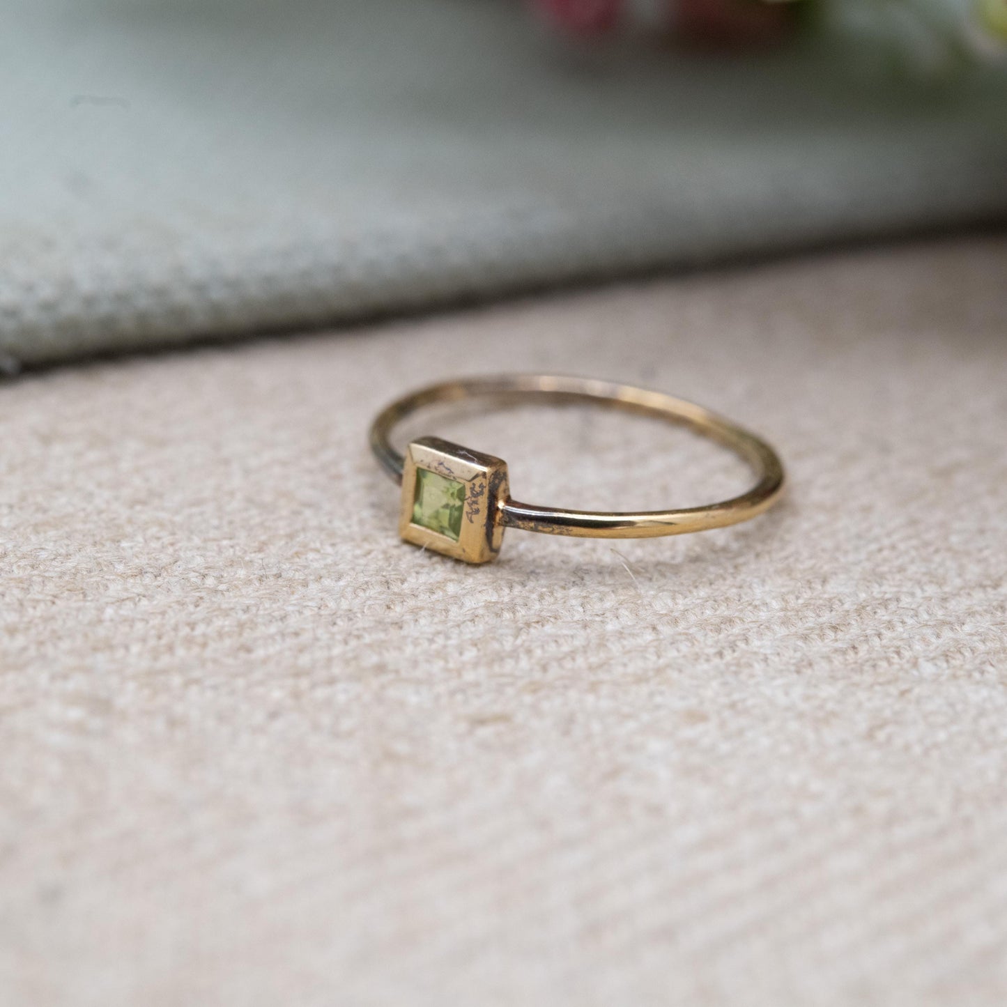 Minimalist Gold Plated Sterling Silver Peridot Ring - Stellar | Square Green Stone | UK Size - N | US Size - 7