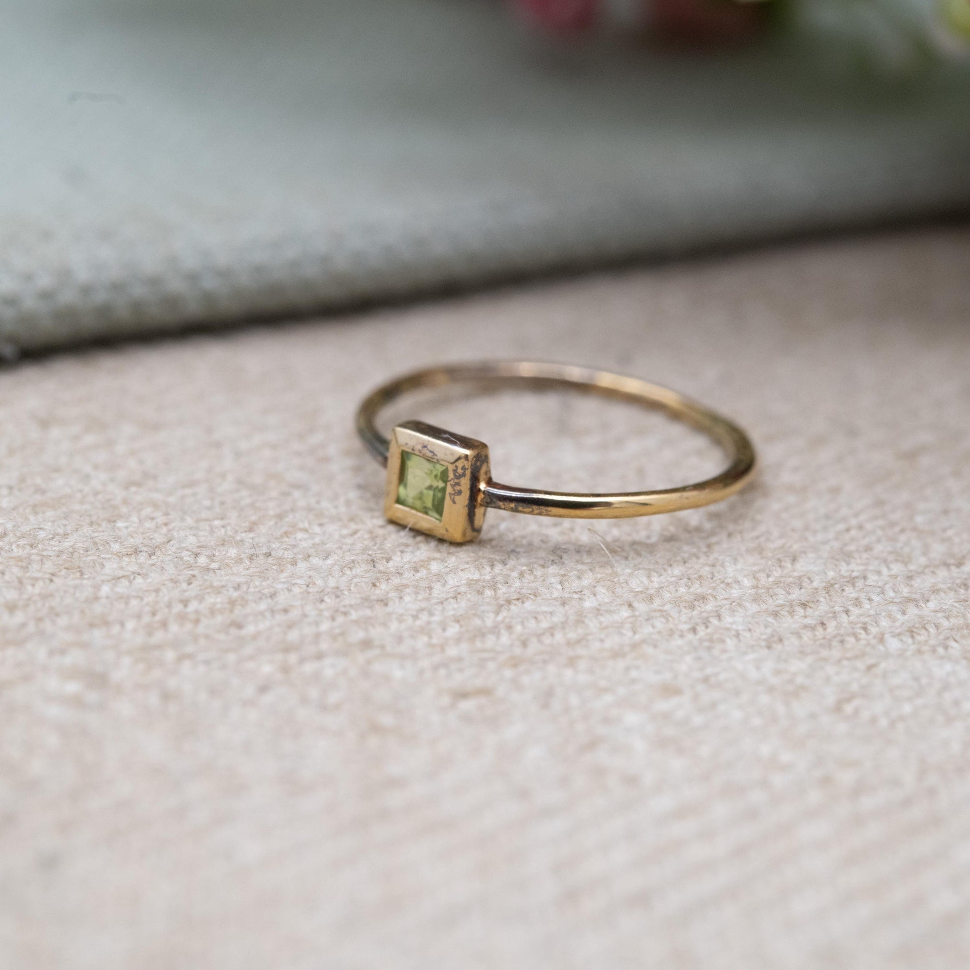 Minimalist Gold Plated Sterling Silver Peridot Ring - Stellar | Square Green Stone | UK Size - N | US Size - 7