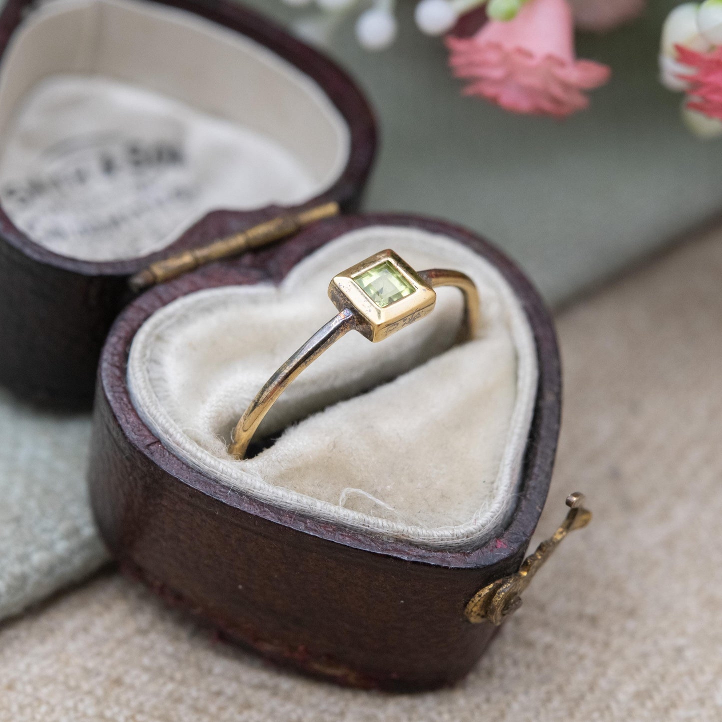 Minimalist Gold Plated Sterling Silver Peridot Ring - Stellar | Square Green Stone | UK Size - N | US Size - 7