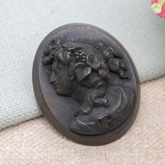 Antique Victorian Vulcanite Cameo Brooch | Missing Pin - Bacchante Classical Profile