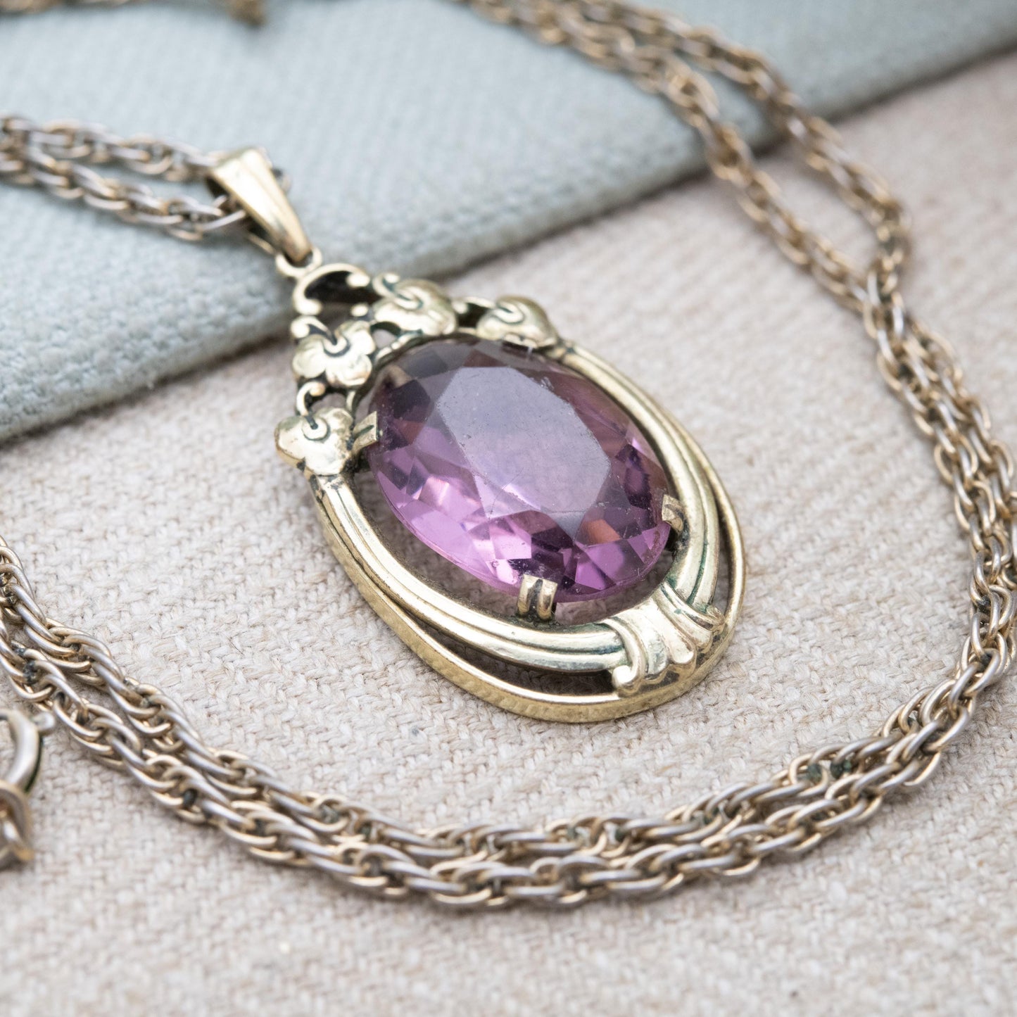 Vintage Oresto Gold Plated Pendant Necklace with Large Purple Paste Stone c. 1930s - Speidel Jewellery