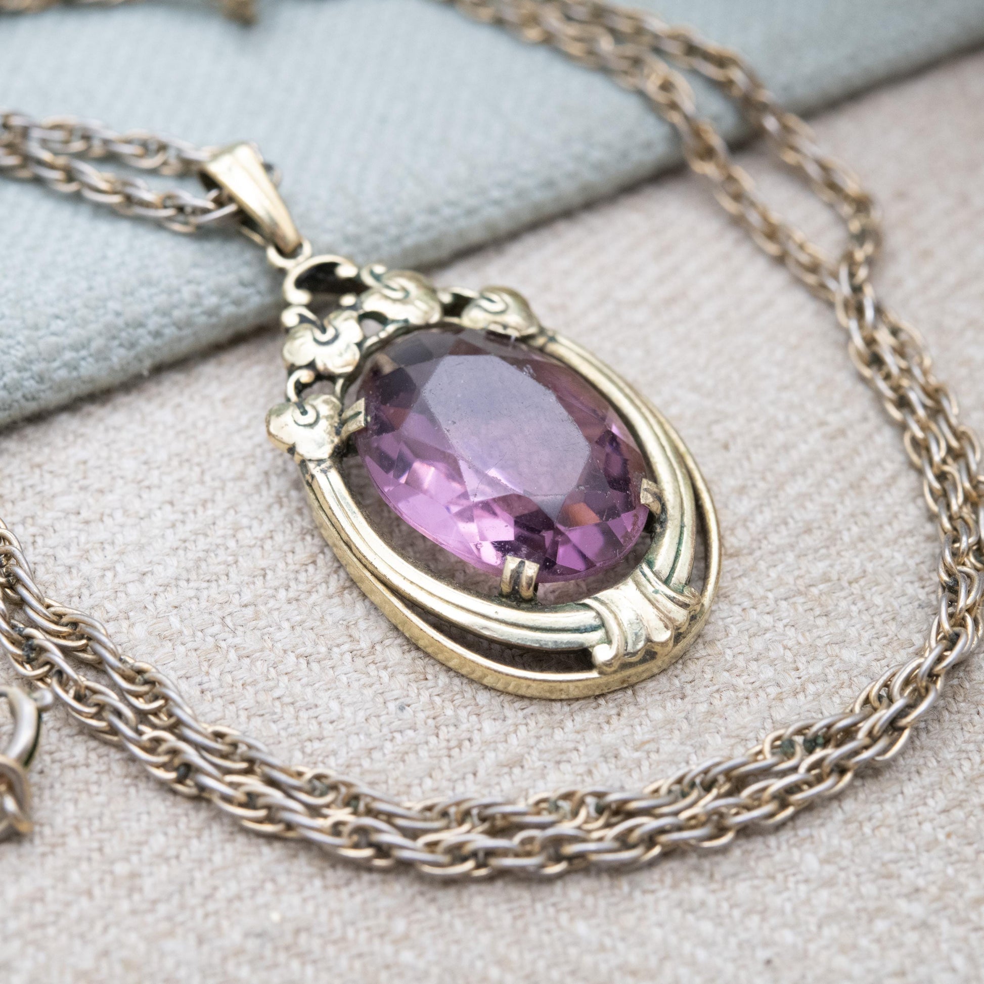 Vintage Oresto Gold Plated Pendant Necklace with Large Purple Paste Stone c. 1930s - Speidel Jewellery