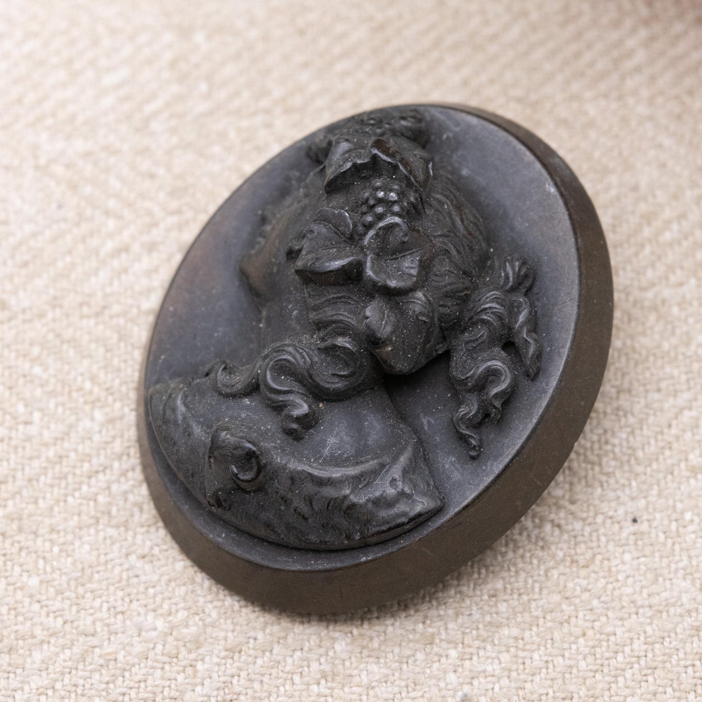 Antique Victorian Vulcanite Cameo Brooch | Missing Pin - Bacchante Classical Profile