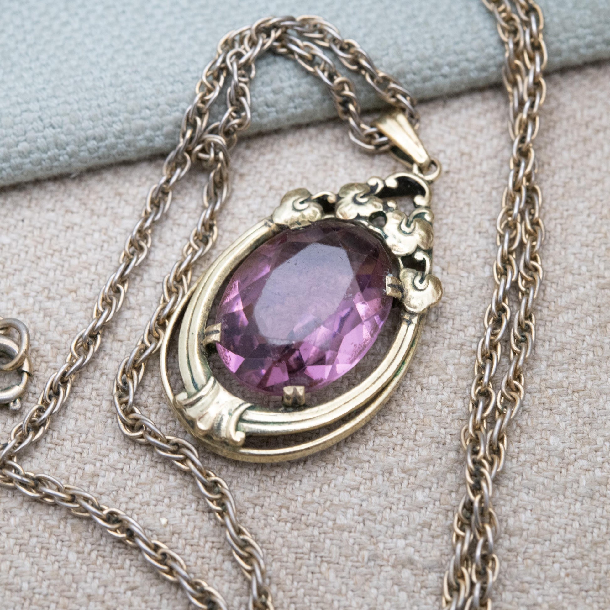 Vintage Oresto Gold Plated Pendant Necklace with Large Purple Paste Stone c. 1930s - Speidel Jewellery