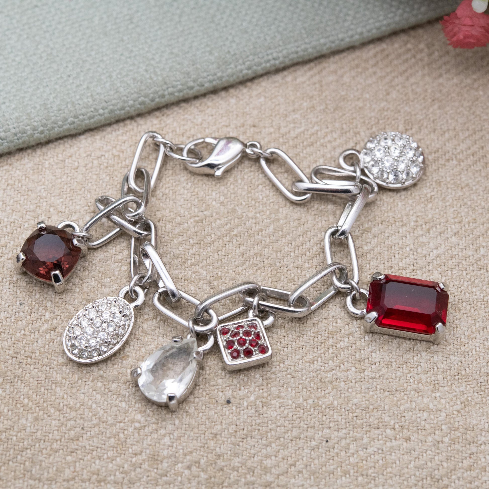Swarovski Charm Bracelet with White and Red Crystals - Silver Tone