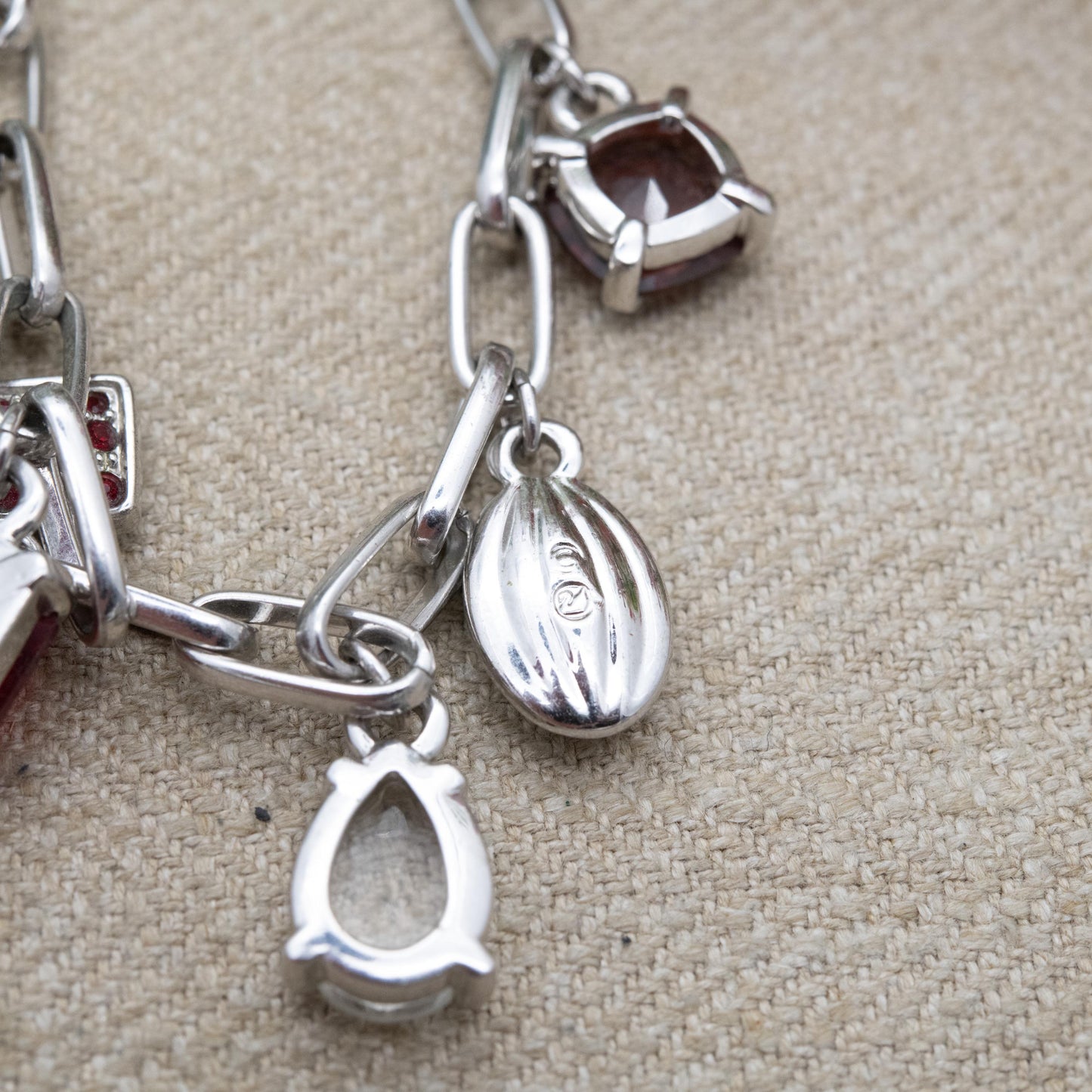 Swarovski Charm Bracelet with White and Red Crystals - Silver Tone