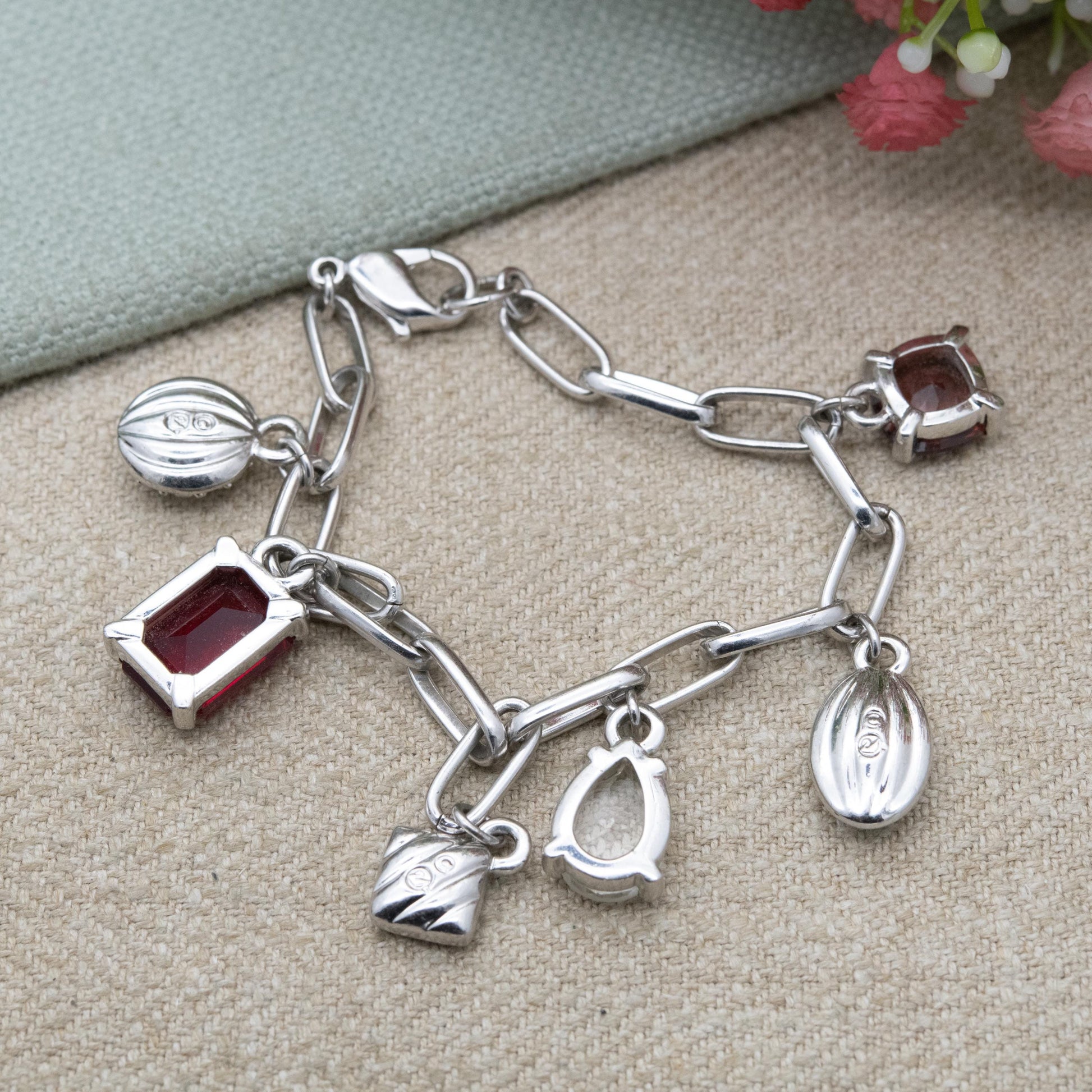 Swarovski Charm Bracelet with White and Red Crystals - Silver Tone